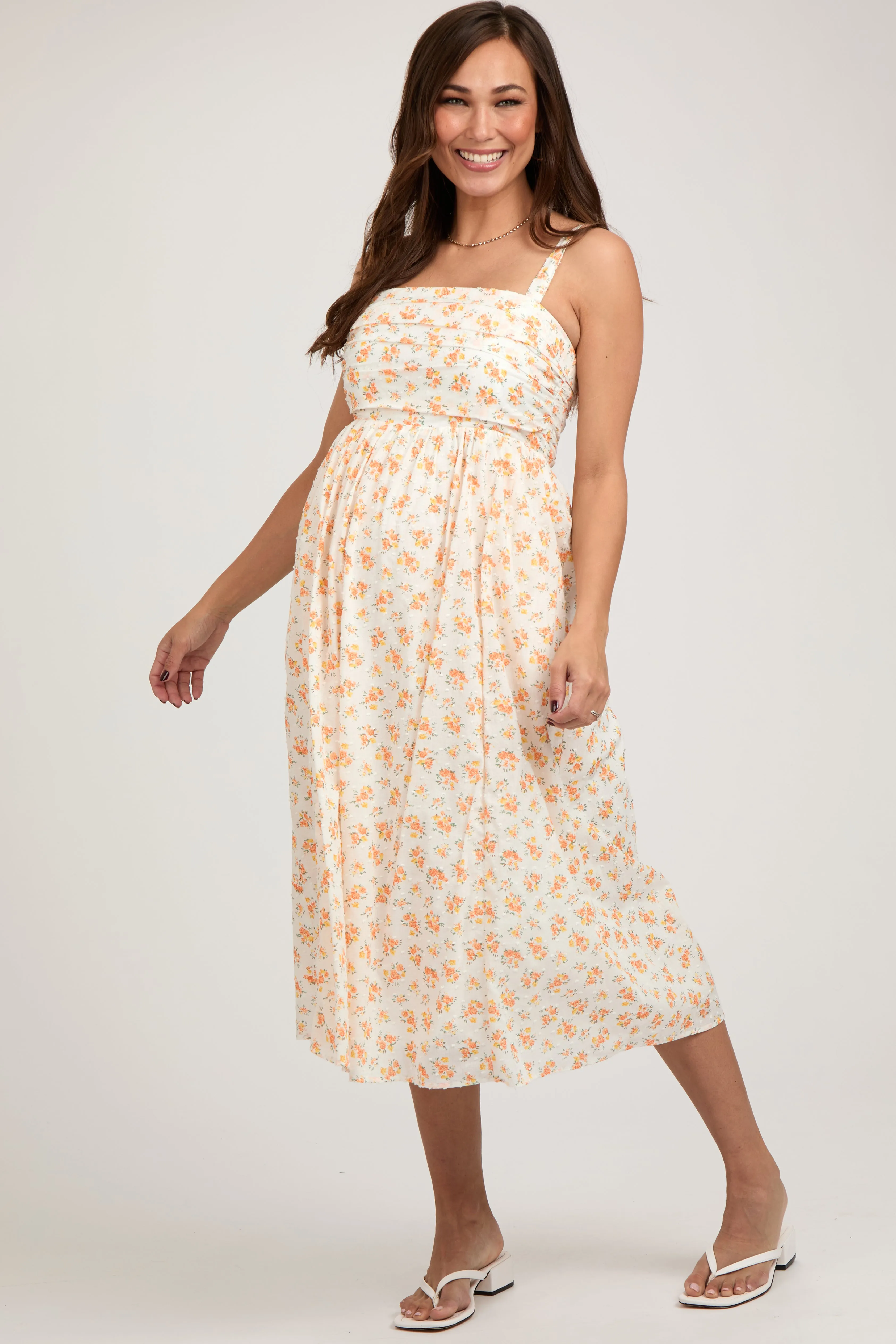 Orange Floral Textured Dot Square Neck Maternity Midi Dress sold by Pinkblush product image thumbnail 2