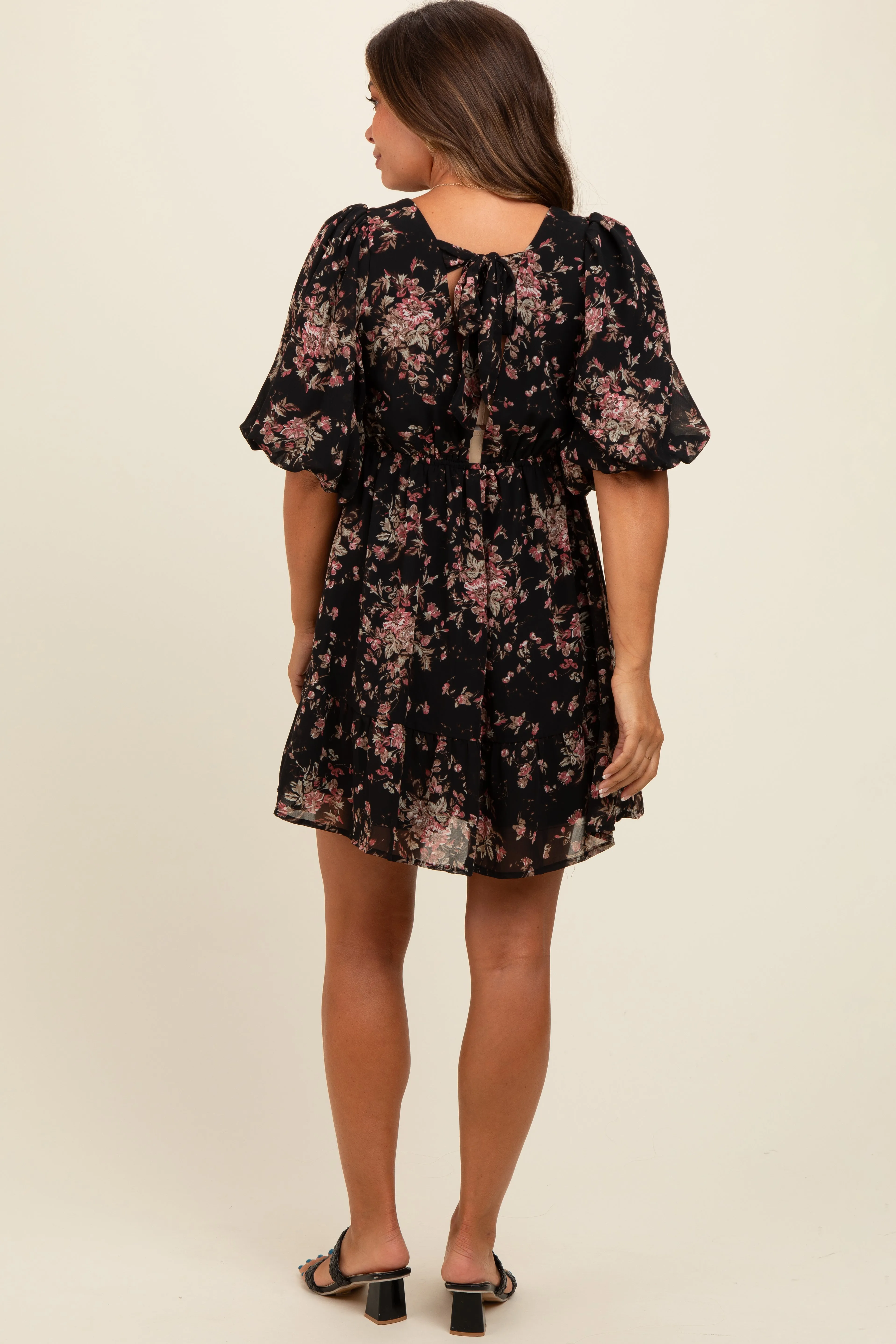 Black Deep V-Neck Tie Back Floral Maternity Mini Dress sold by Pinkblush product image thumbnail 4