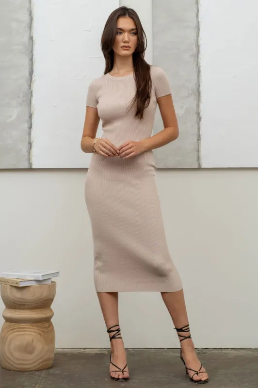 Beige Short Sleeve Rib Knit Midi Dress sold by Pinkblush