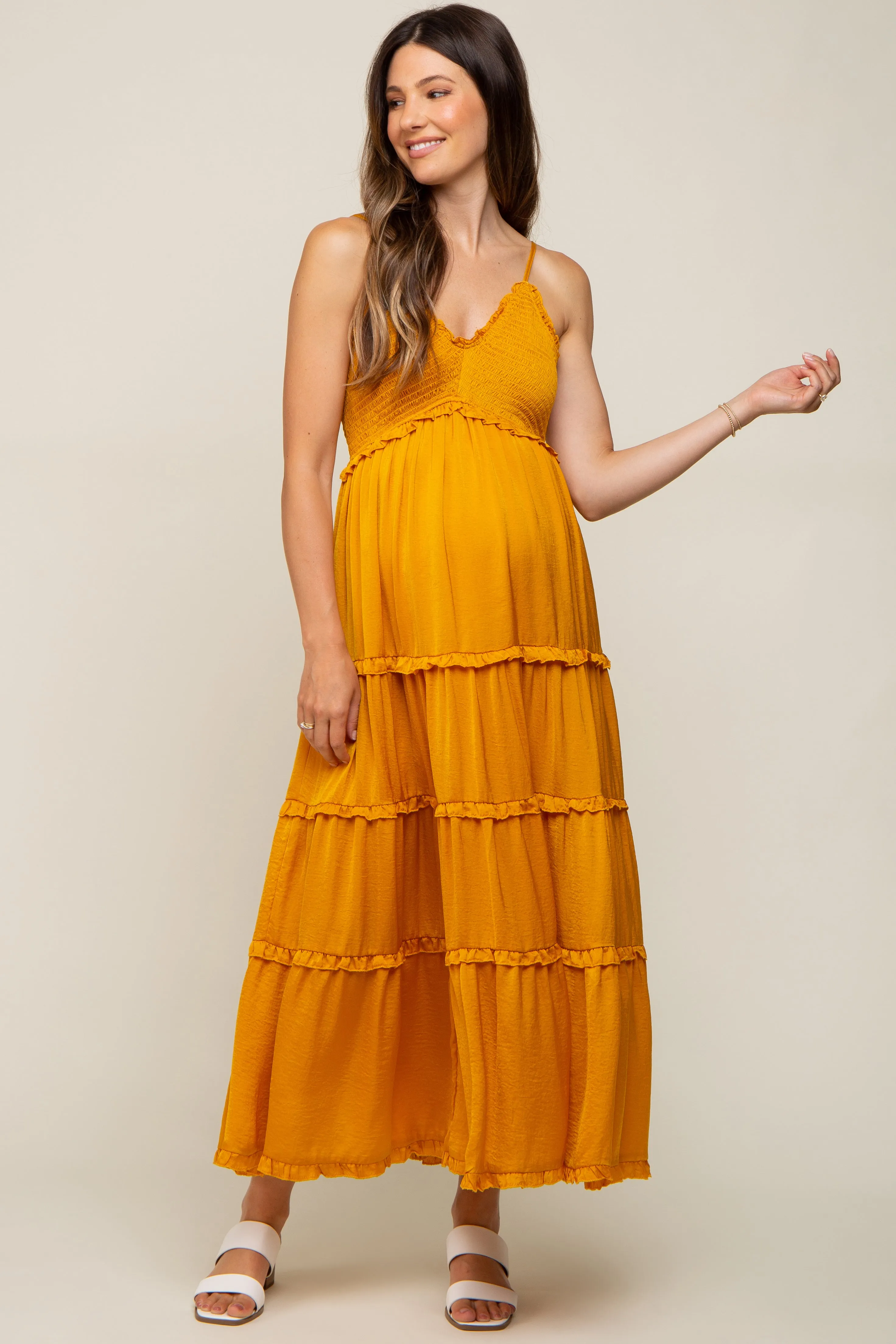 Yellow Gold Smocked Ruffle Tiered Maternity Maxi Dress sold by Pinkblush product image thumbnail 5