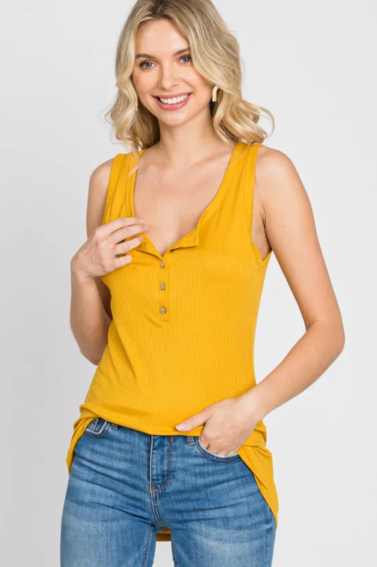 Yellow Ribbed Button Up Tank Top sold by Pinkblush