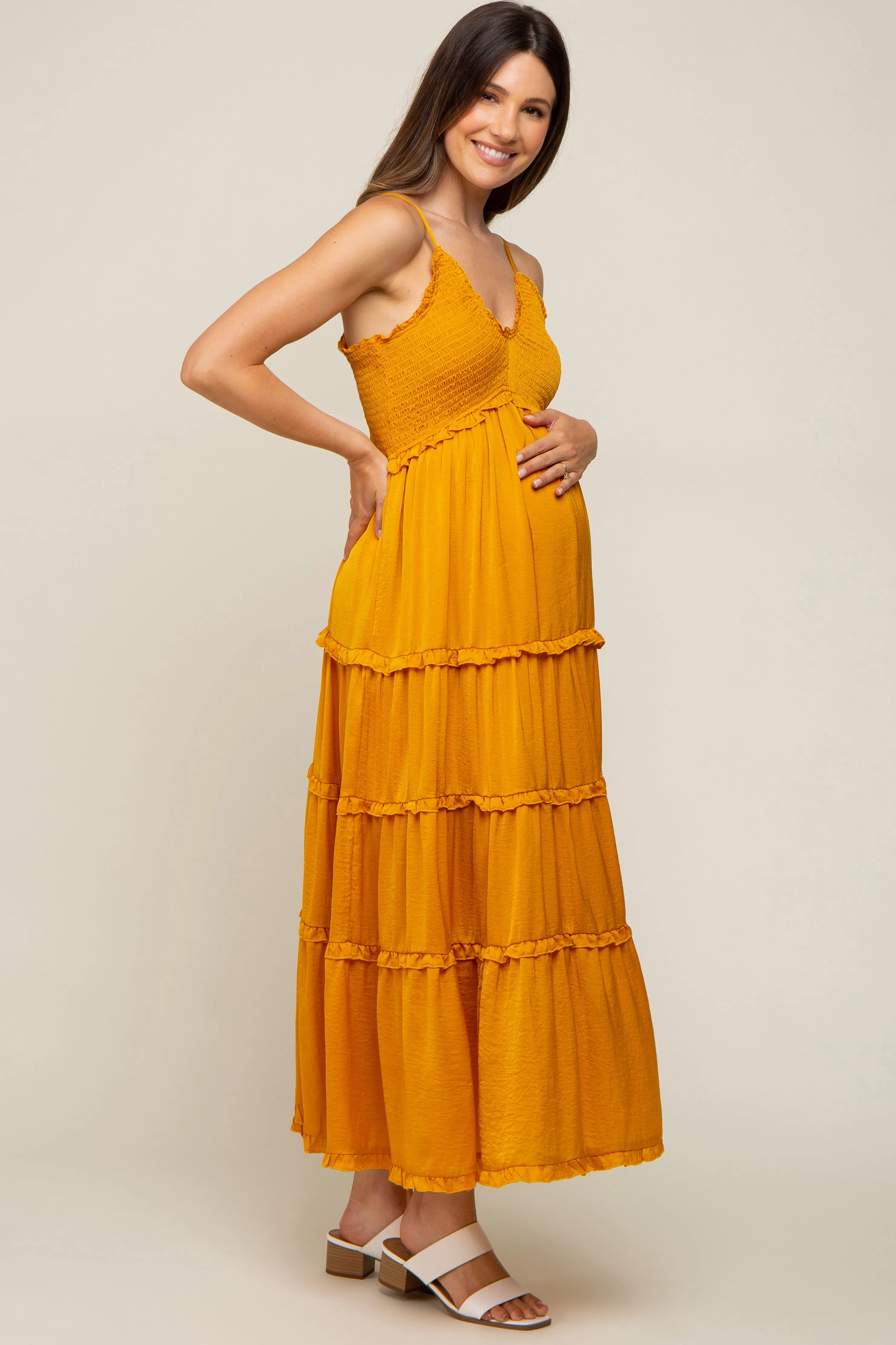 Yellow Gold Smocked Ruffle Tiered Maternity Maxi Dress sold by Pinkblush product image thumbnail 2
