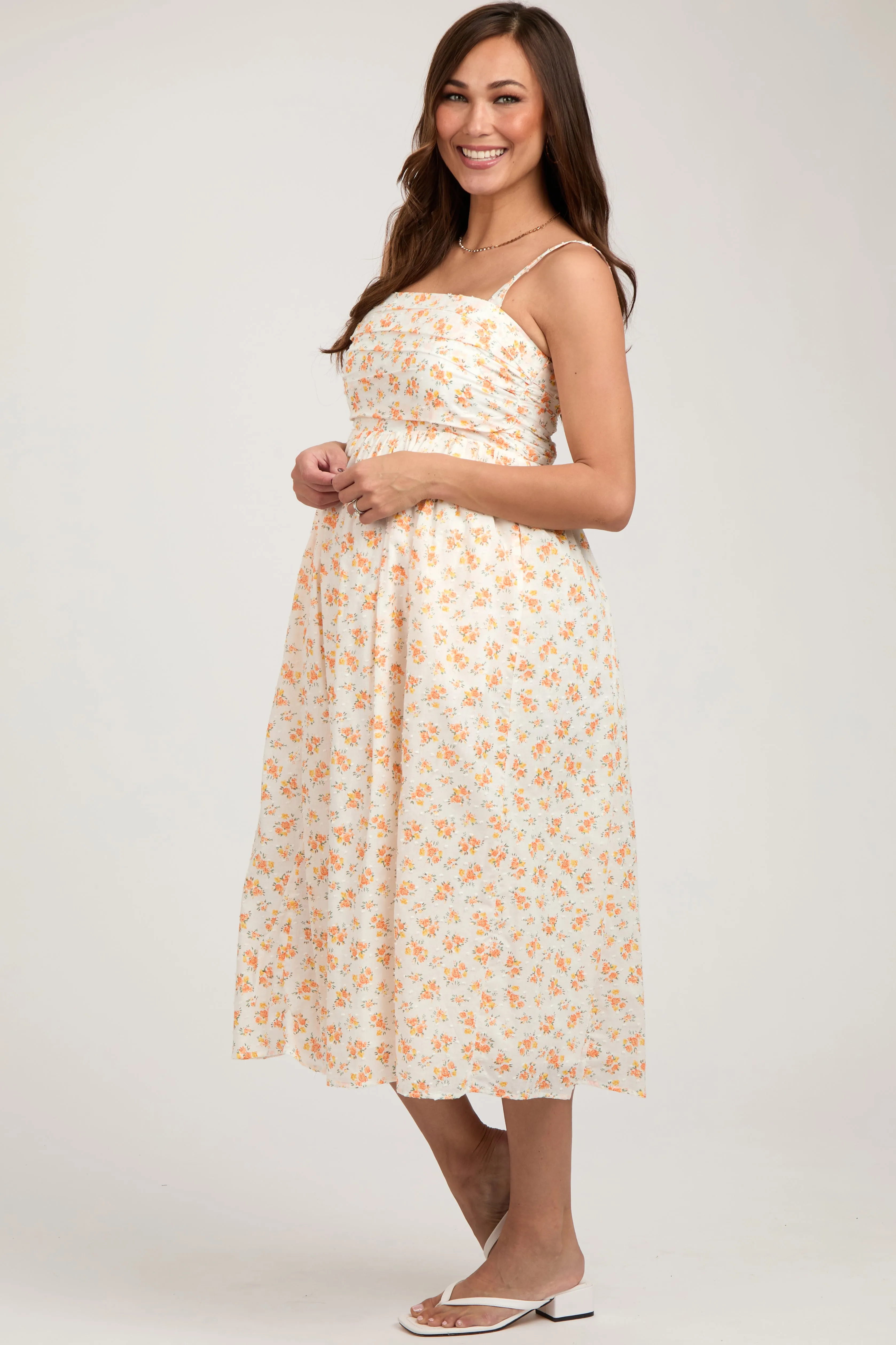 Orange Floral Textured Dot Square Neck Maternity Midi Dress sold by Pinkblush product image thumbnail 3