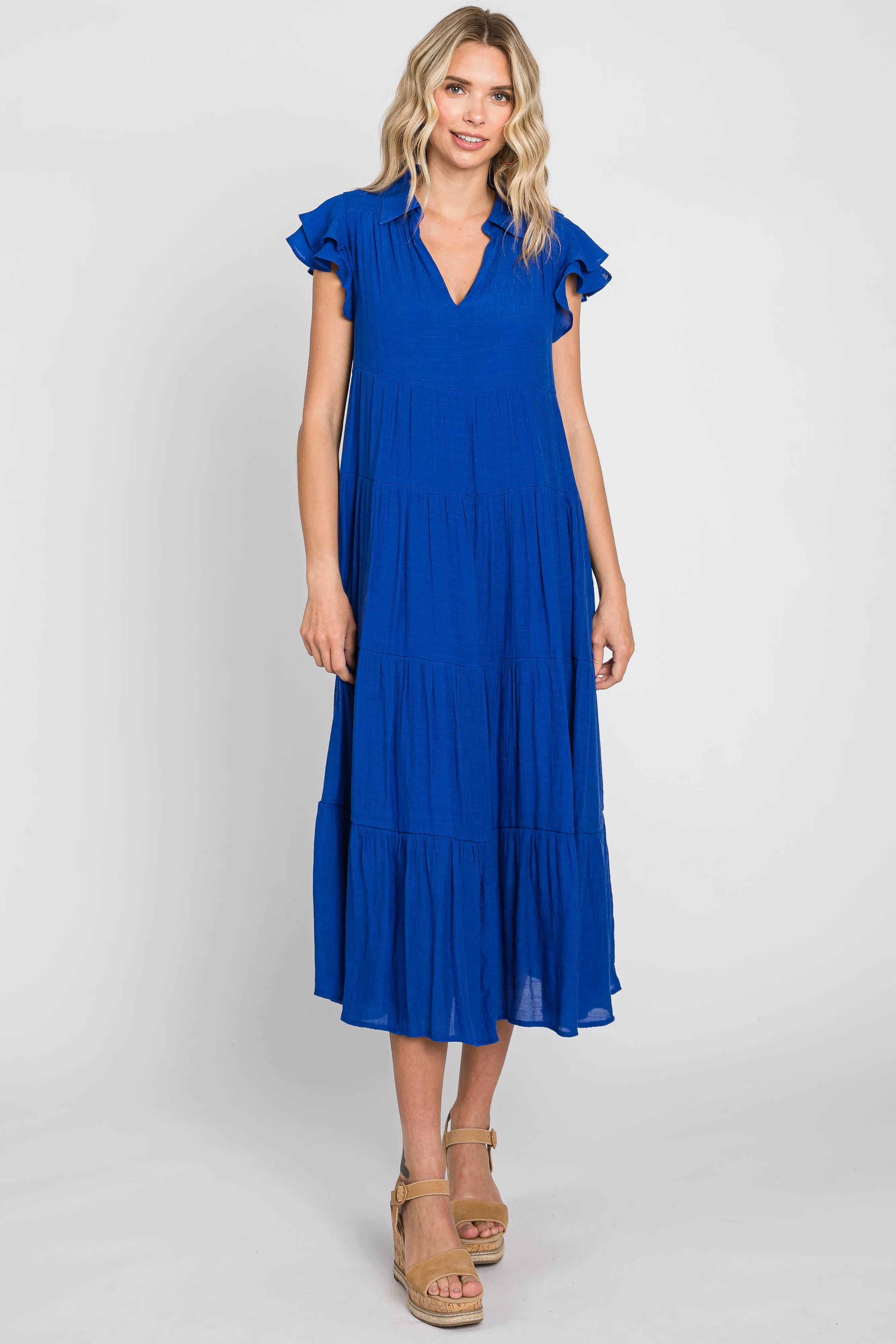 Royal Blue Flutter Sleeve Tiered Midi Dress sold by Pinkblush