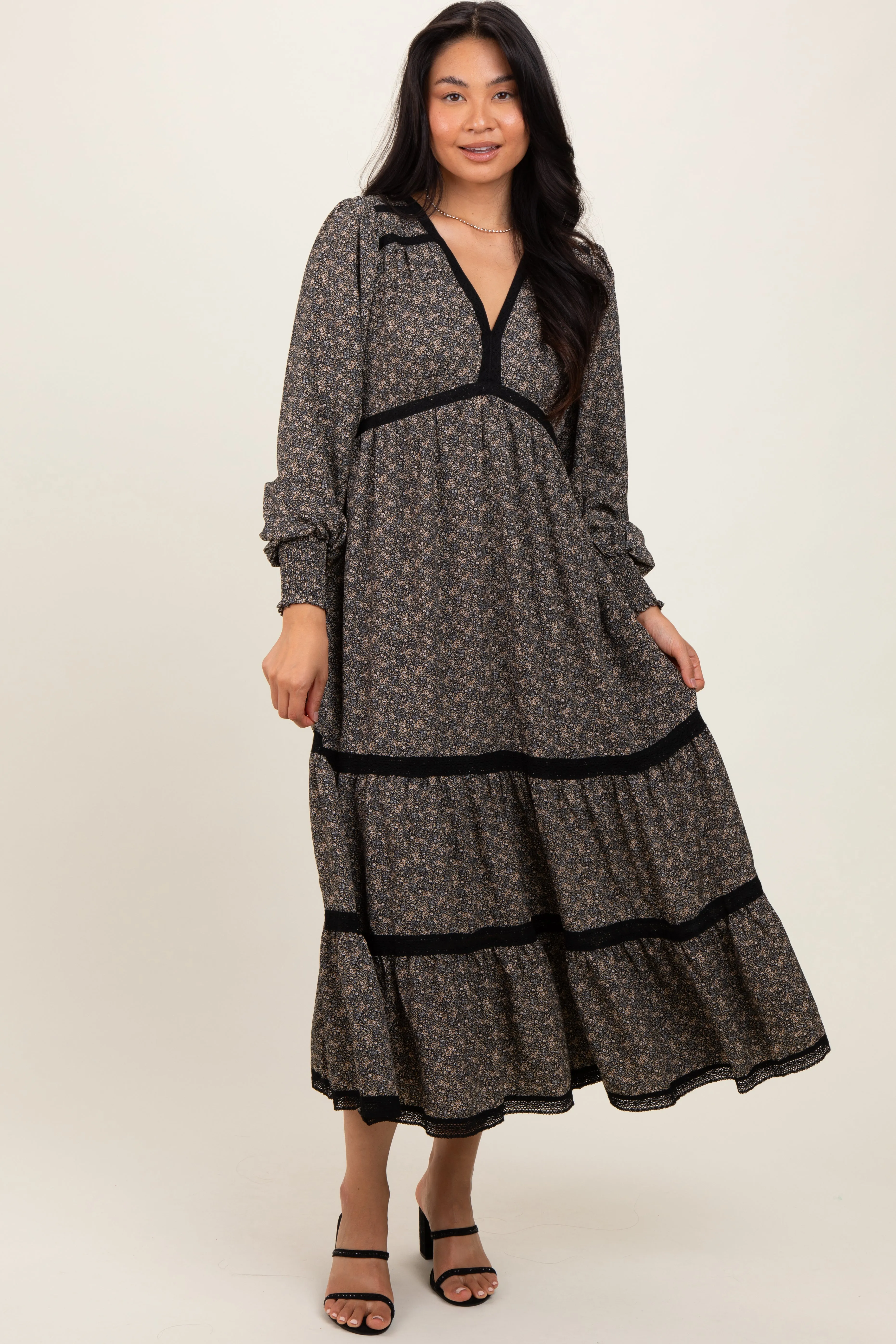 Black Floral Lace Trim Bubble Sleeve Maxi Dress sold by Pinkblush product image thumbnail 2