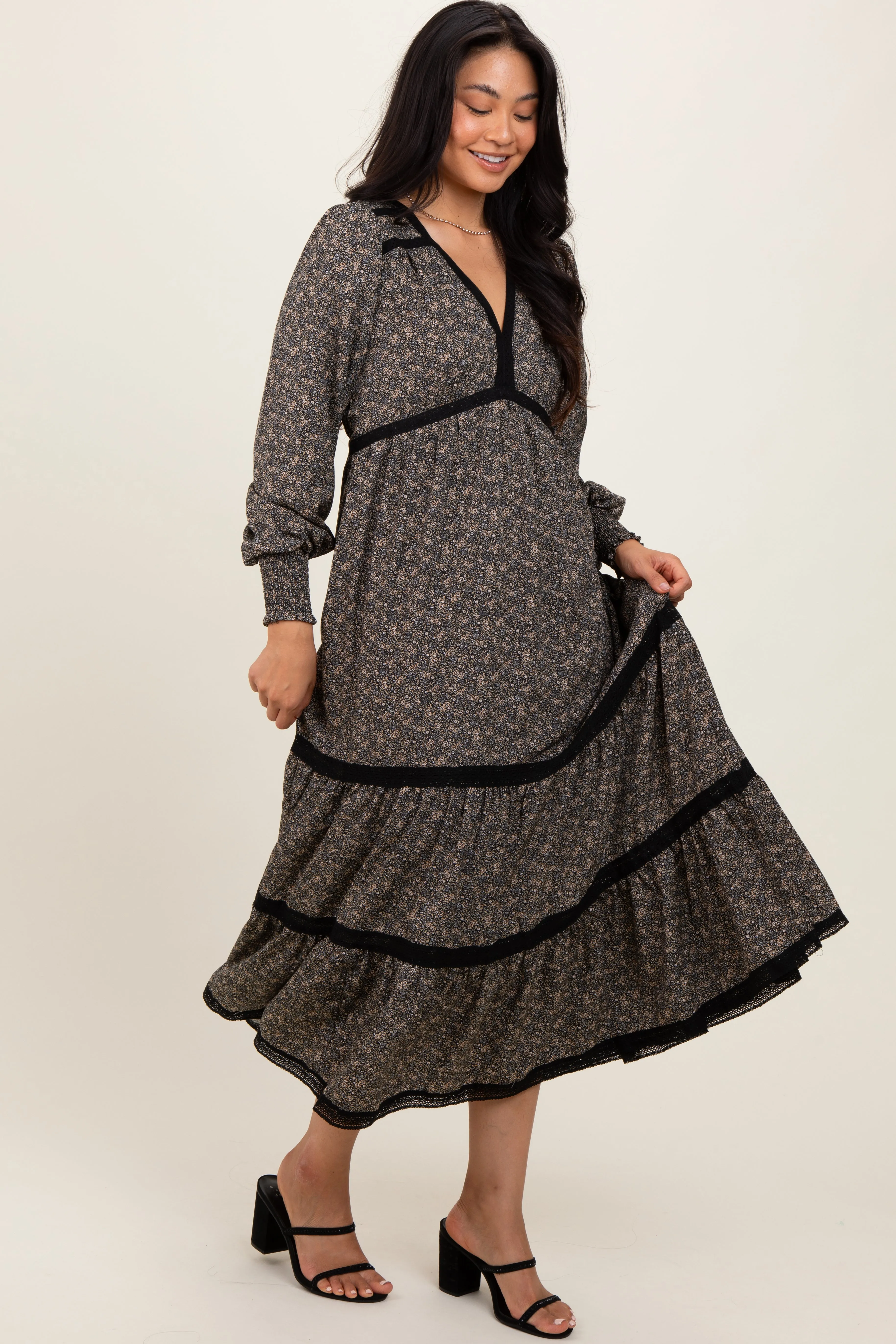Black Floral Lace Trim Bubble Sleeve Maxi Dress sold by Pinkblush product image thumbnail 3