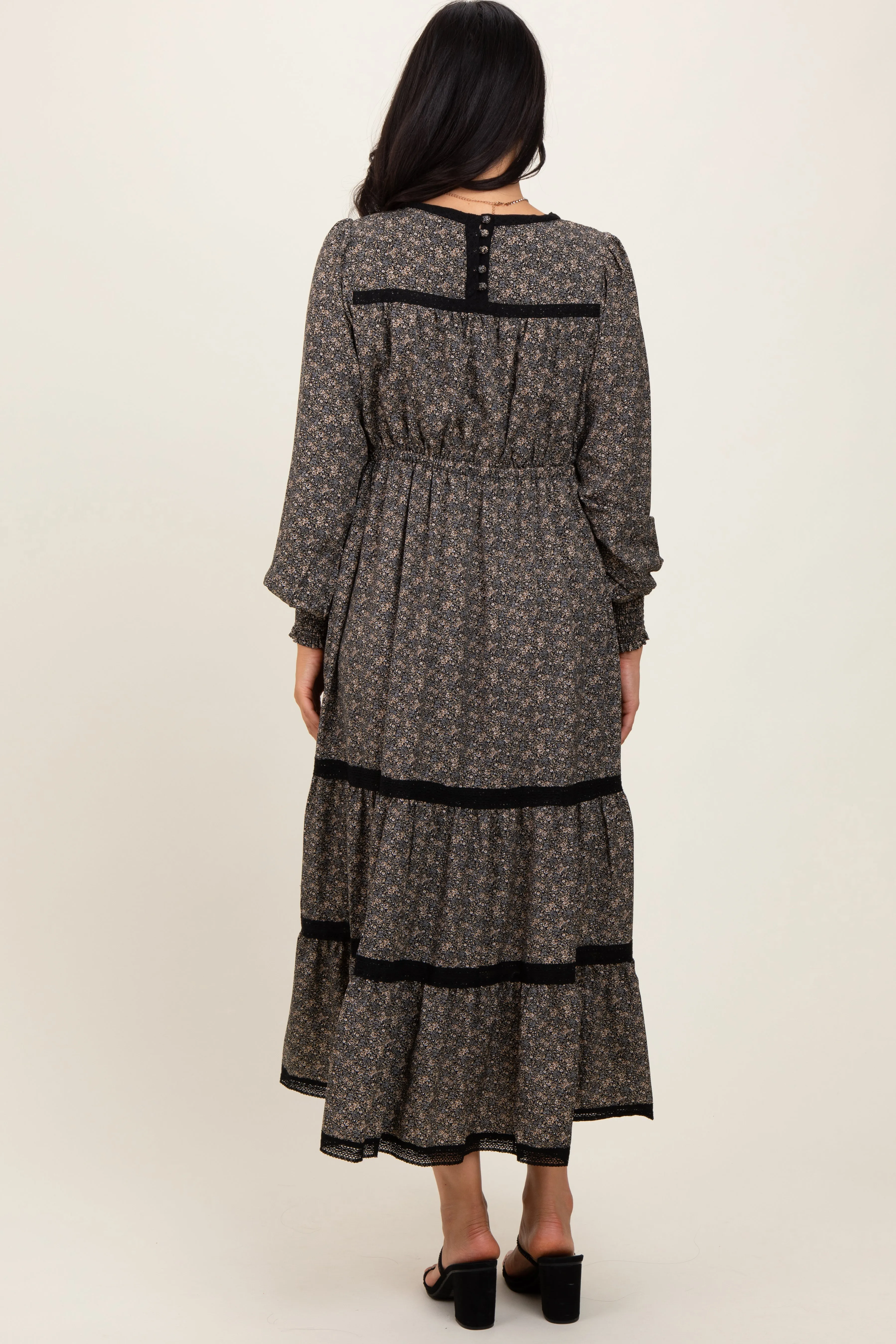 Black Floral Lace Trim Bubble Sleeve Maxi Dress sold by Pinkblush product image thumbnail 4
