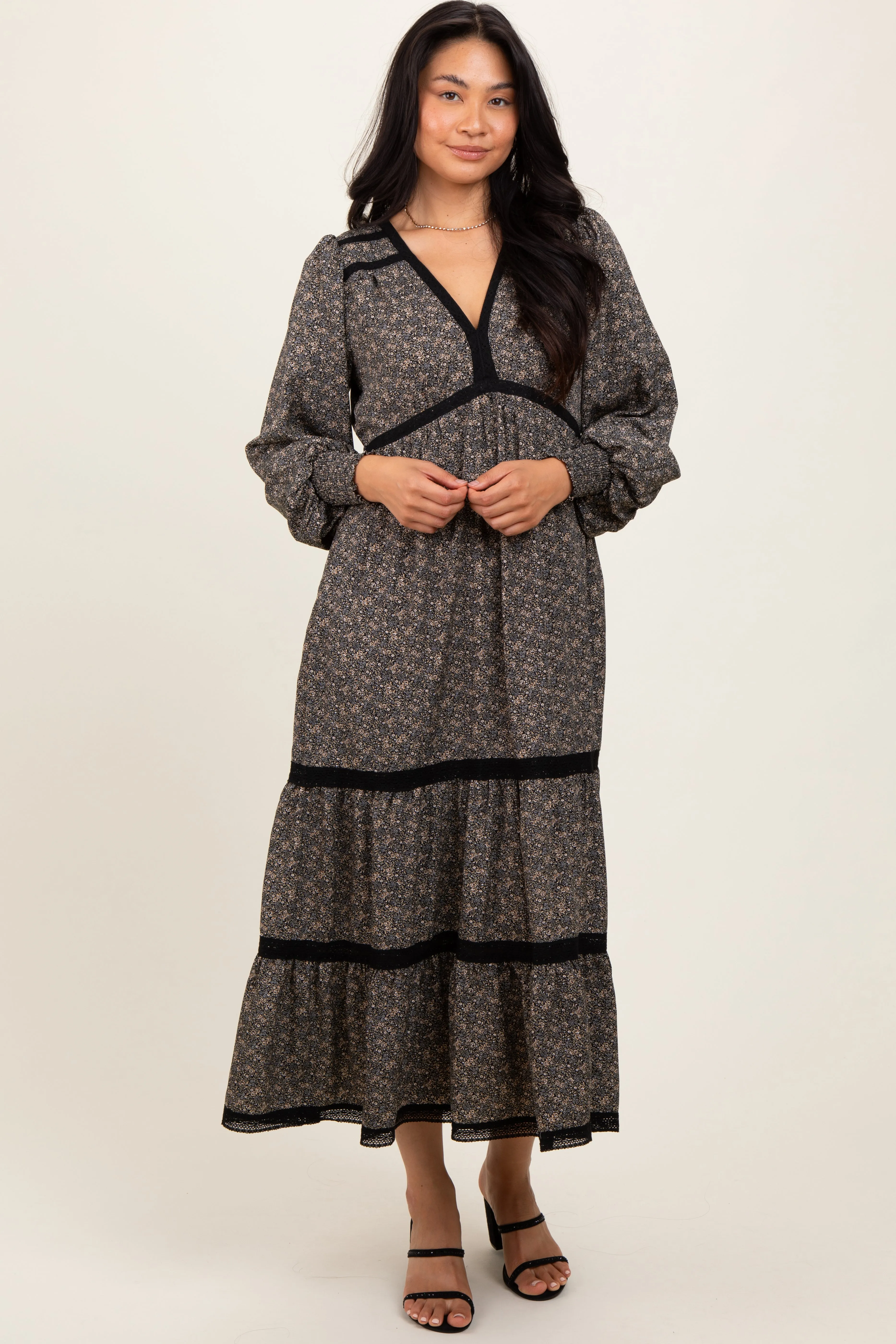 Black Floral Lace Trim Bubble Sleeve Maxi Dress sold by Pinkblush
