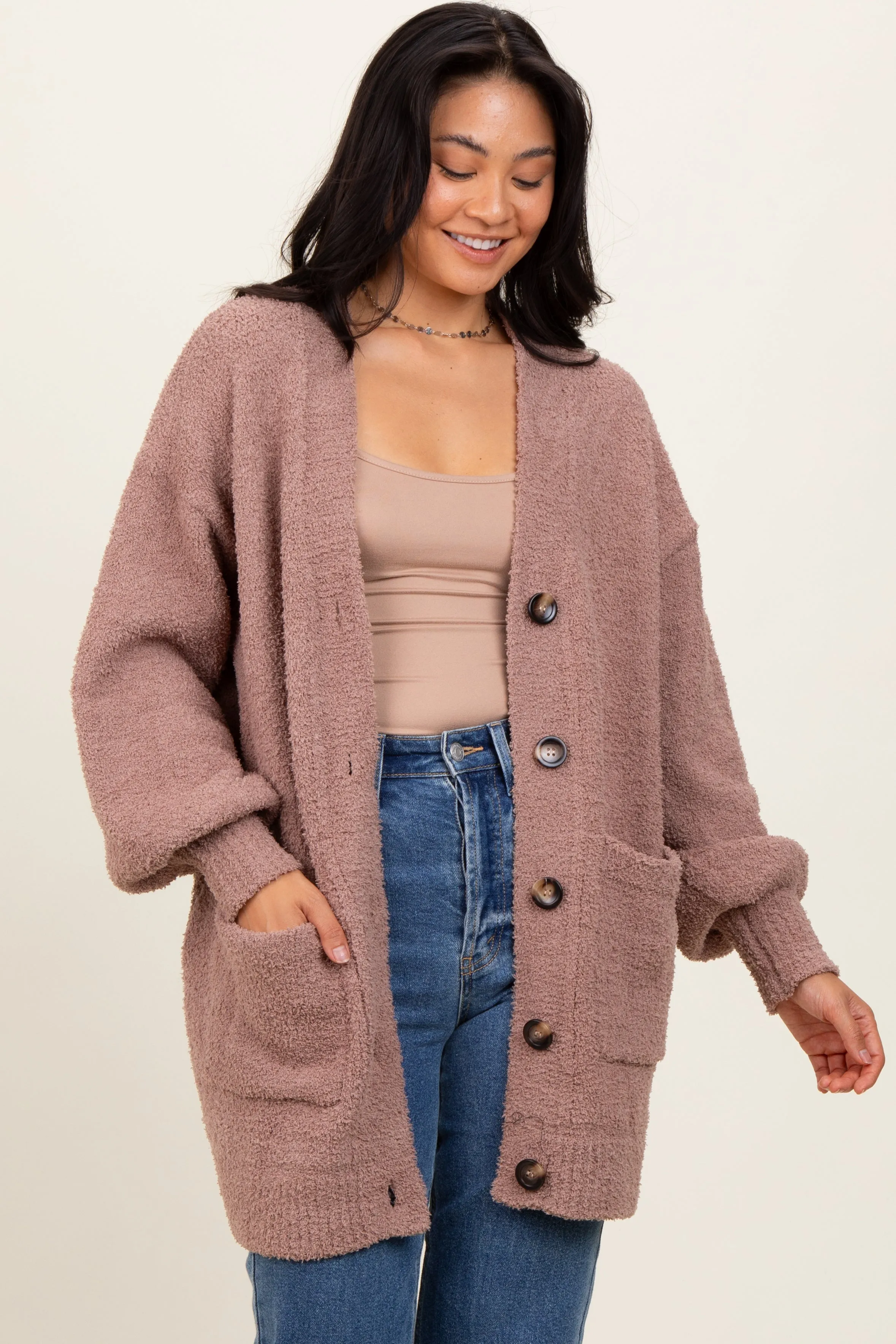 Taupe Fuzzy Knit Oversized Button Up Cardigan sold by Pinkblush product image thumbnail 2