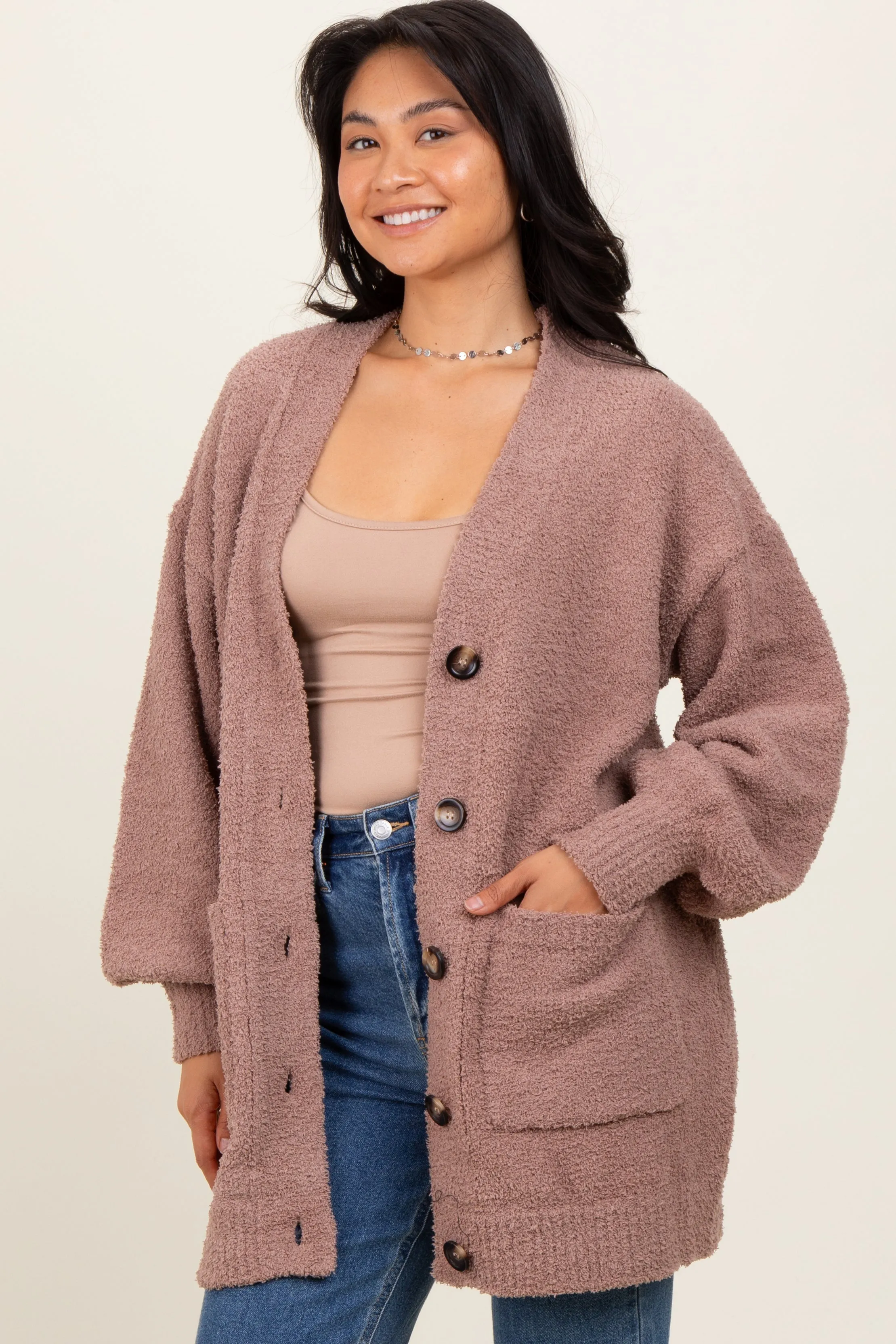 Taupe Fuzzy Knit Oversized Button Up Cardigan sold by Pinkblush product image thumbnail 3