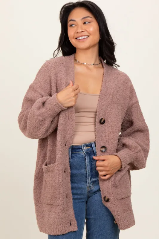 Taupe Fuzzy Knit Oversized Button Up Cardigan sold by Pinkblush