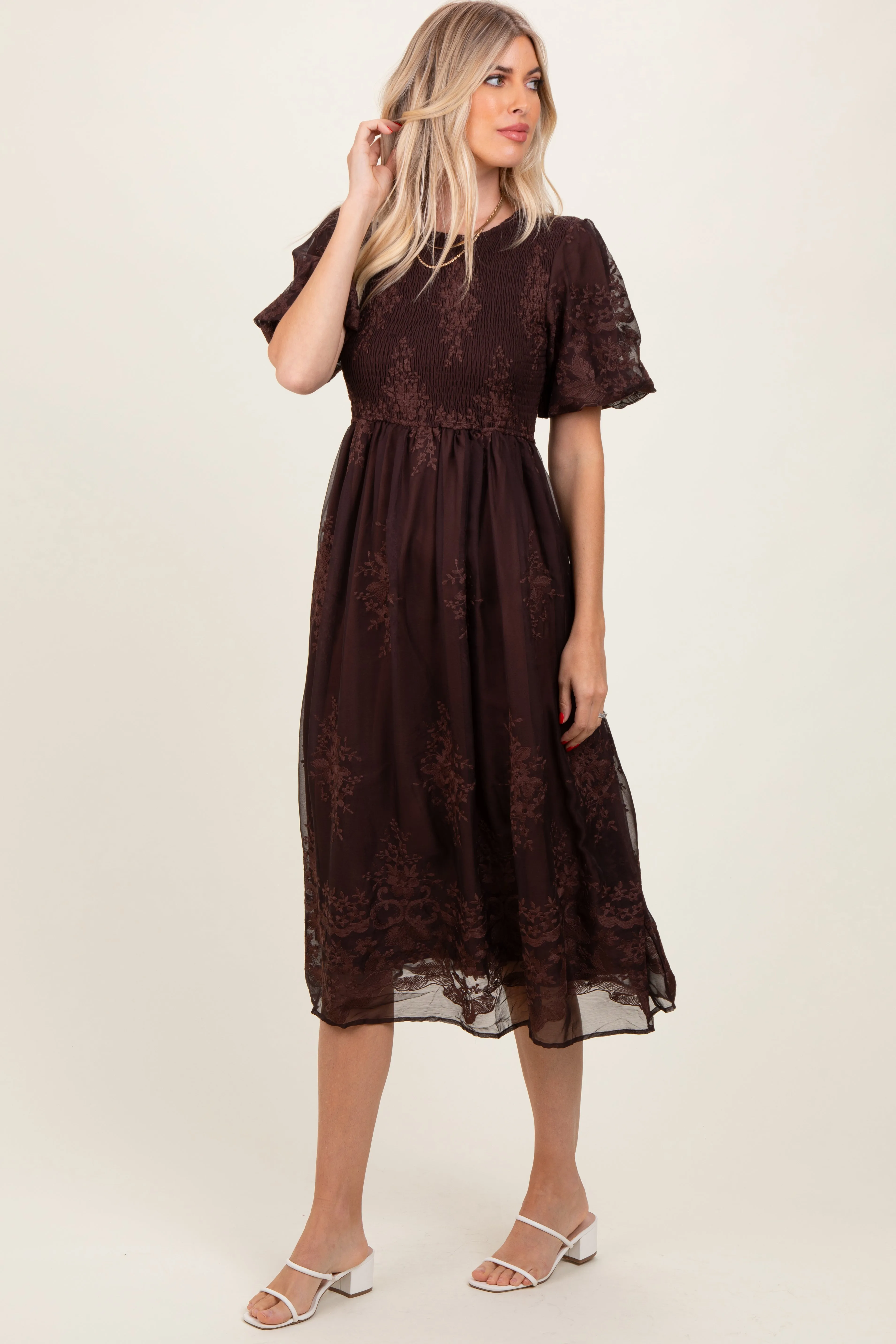 Brown Floral Embroidered Mesh Overlay Smocked Midi Dress sold by Pinkblush product image thumbnail 2