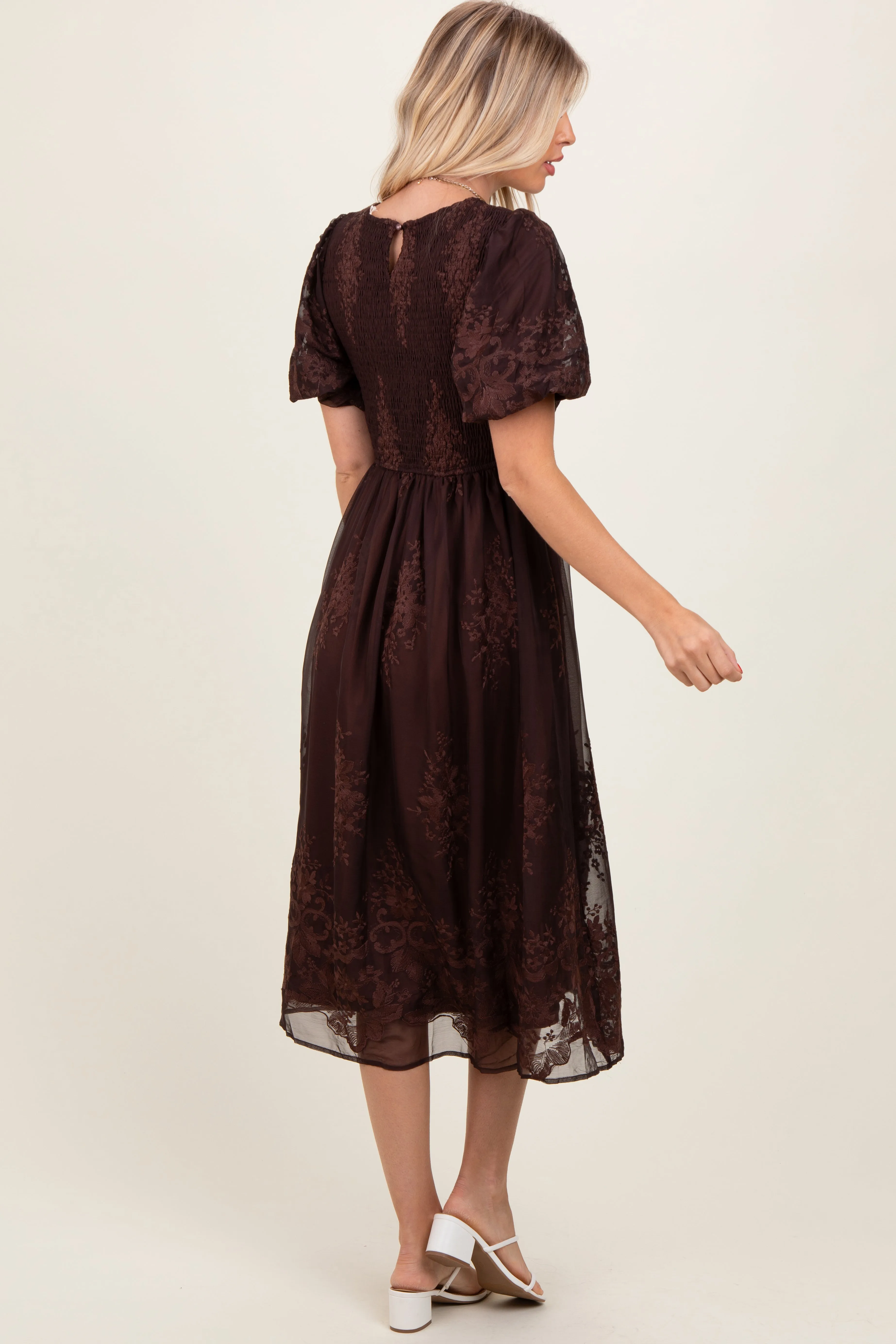 Brown Floral Embroidered Mesh Overlay Smocked Midi Dress sold by Pinkblush product image thumbnail 3