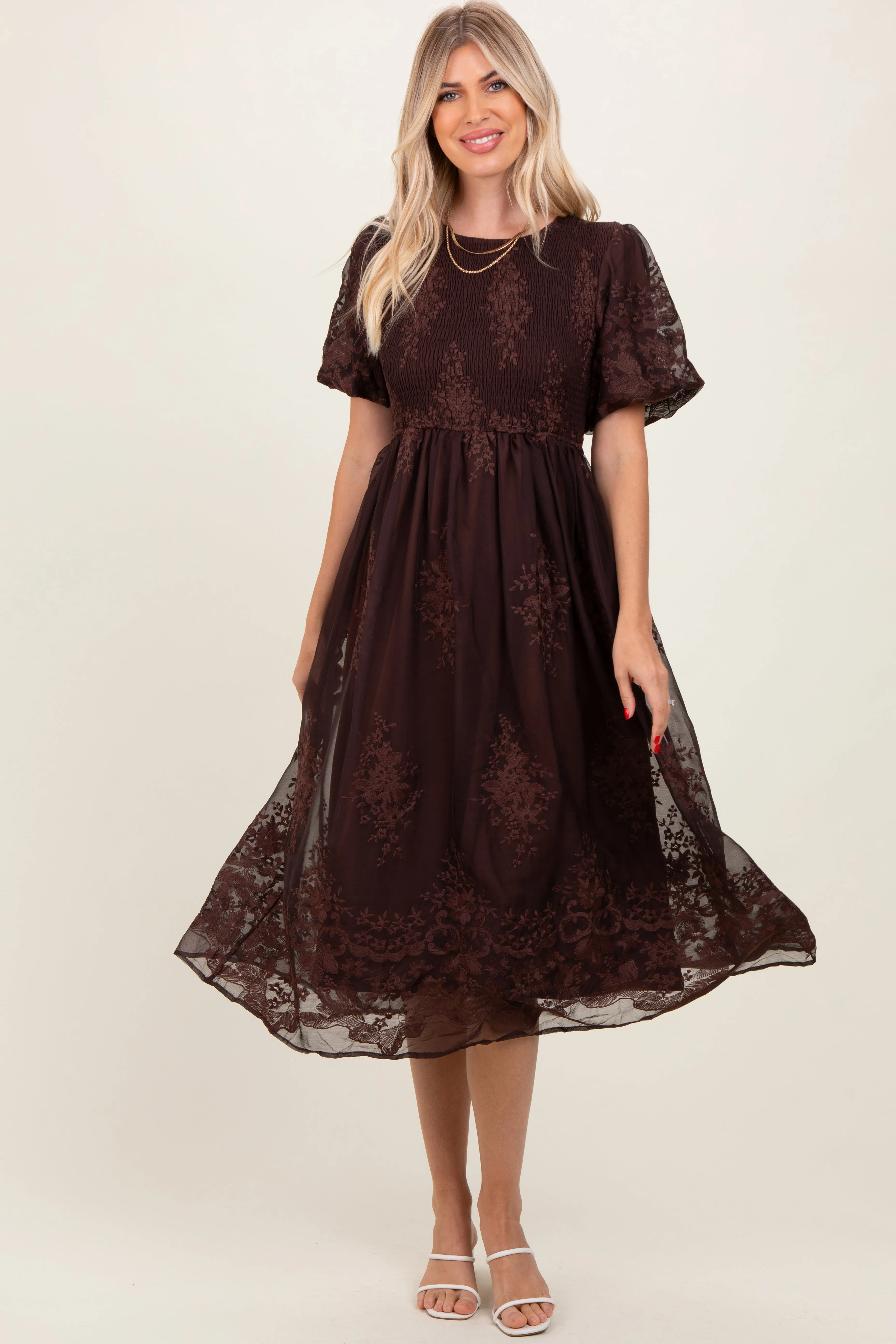 Brown Floral Embroidered Mesh Overlay Smocked Midi Dress sold by Pinkblush