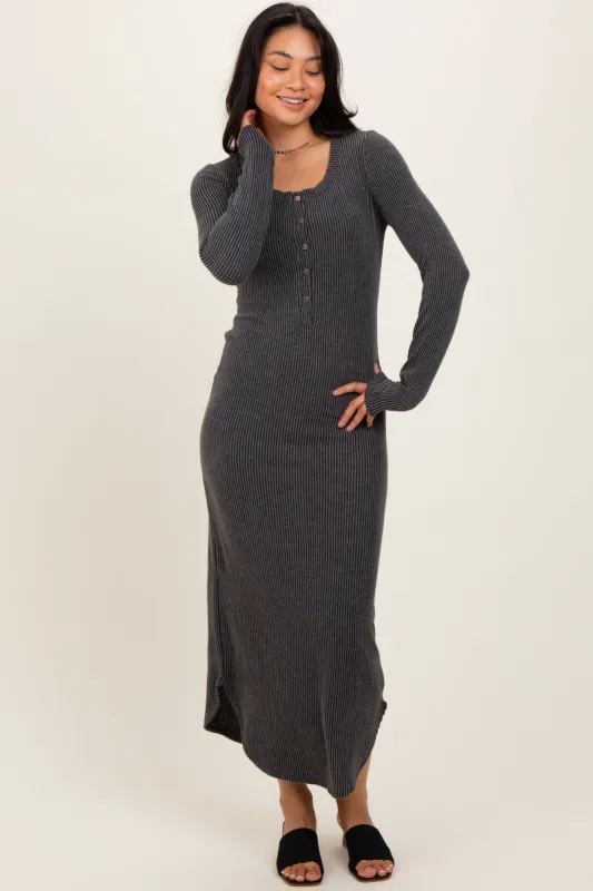 Charcoal Button Up Ribbed Knit Long Sleeve Midi Dress sold by Pinkblush