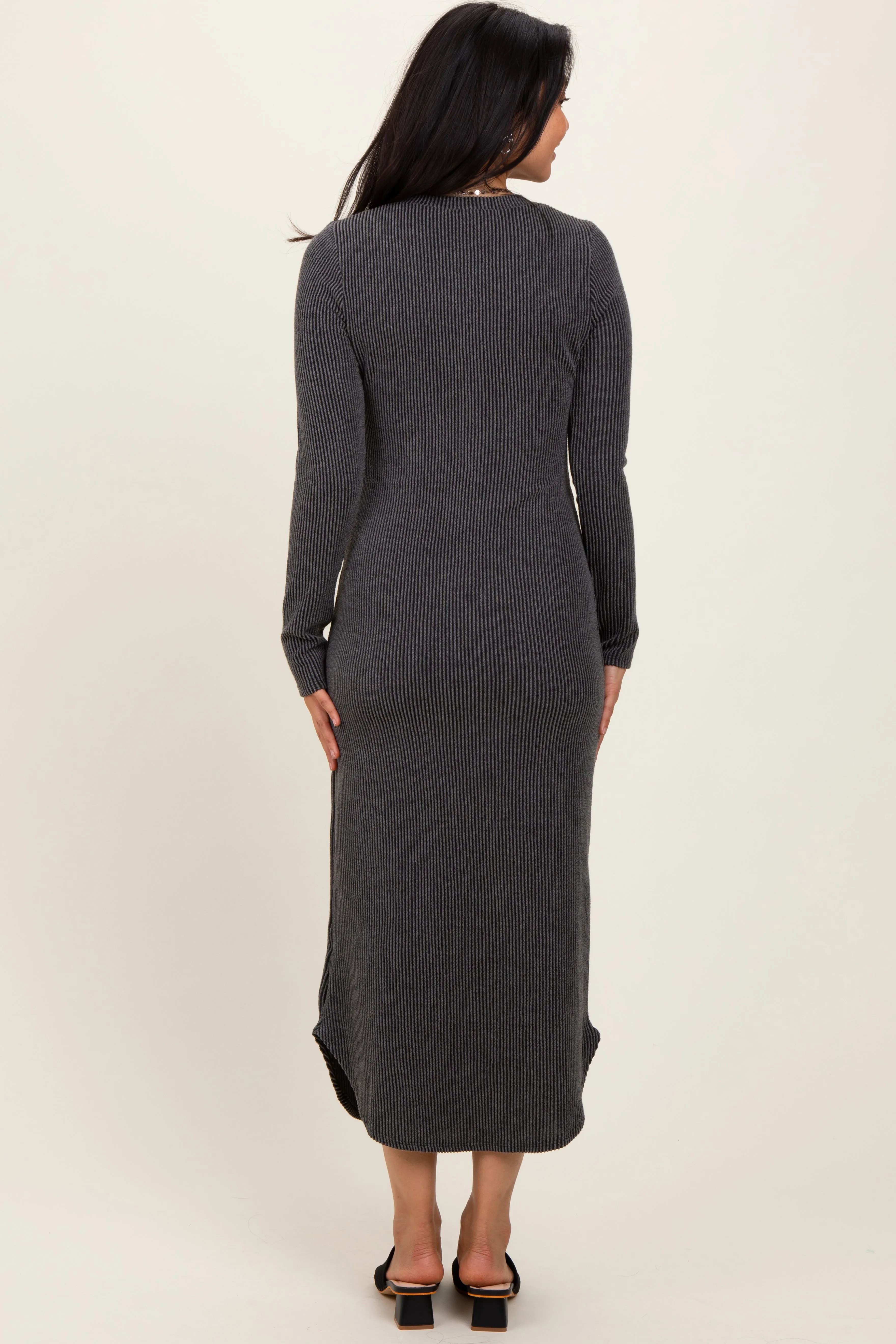 Charcoal Button Up Ribbed Knit Long Sleeve Midi Dress sold by Pinkblush product image thumbnail 2