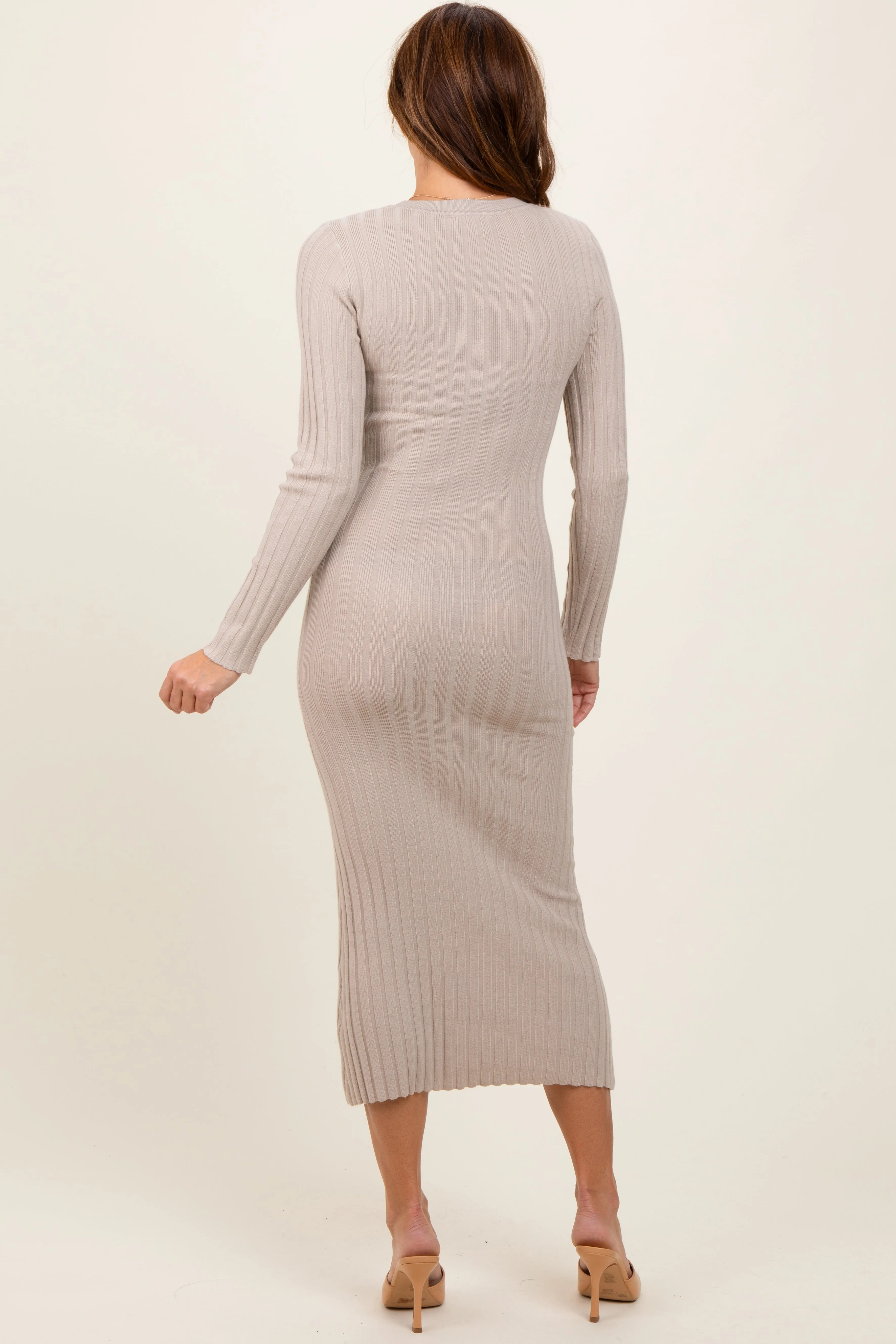 Beige Ribbed Knit Fitted Midi Sweater Dress sold by Pinkblush product image thumbnail 4