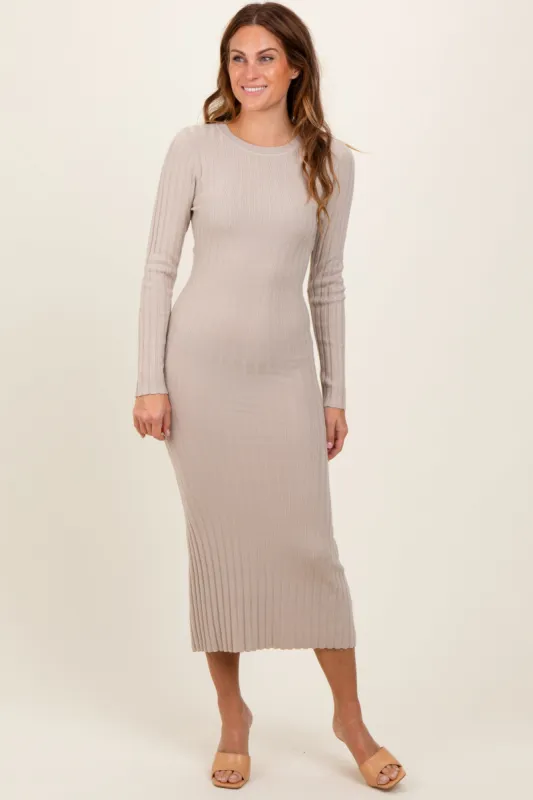 Beige Ribbed Knit Fitted Midi Sweater Dress sold by Pinkblush