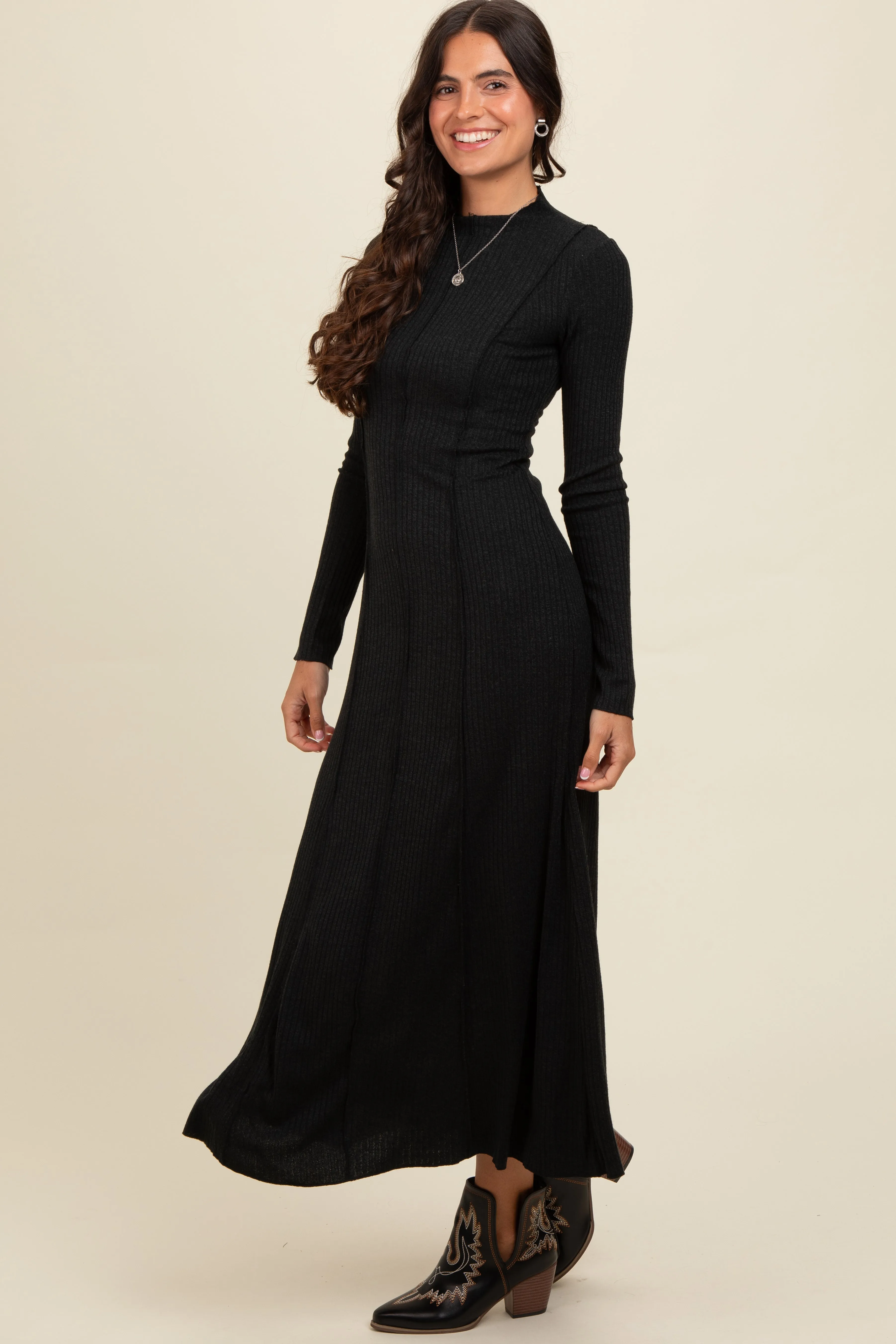 Black Ribbed Exposed Seam Mock Neck Dress sold by Pinkblush product image thumbnail 2