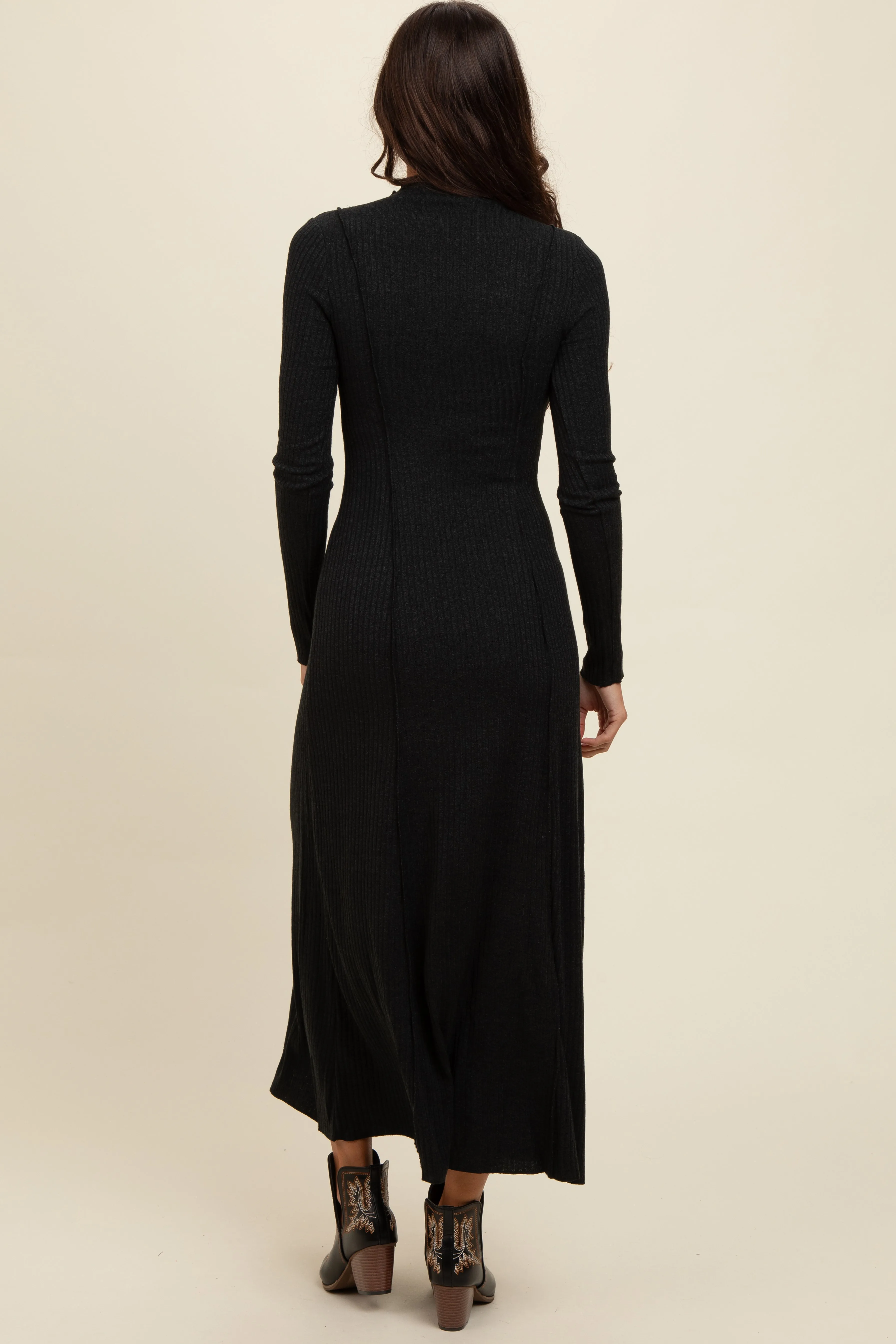 Black Ribbed Exposed Seam Mock Neck Dress sold by Pinkblush product image thumbnail 3