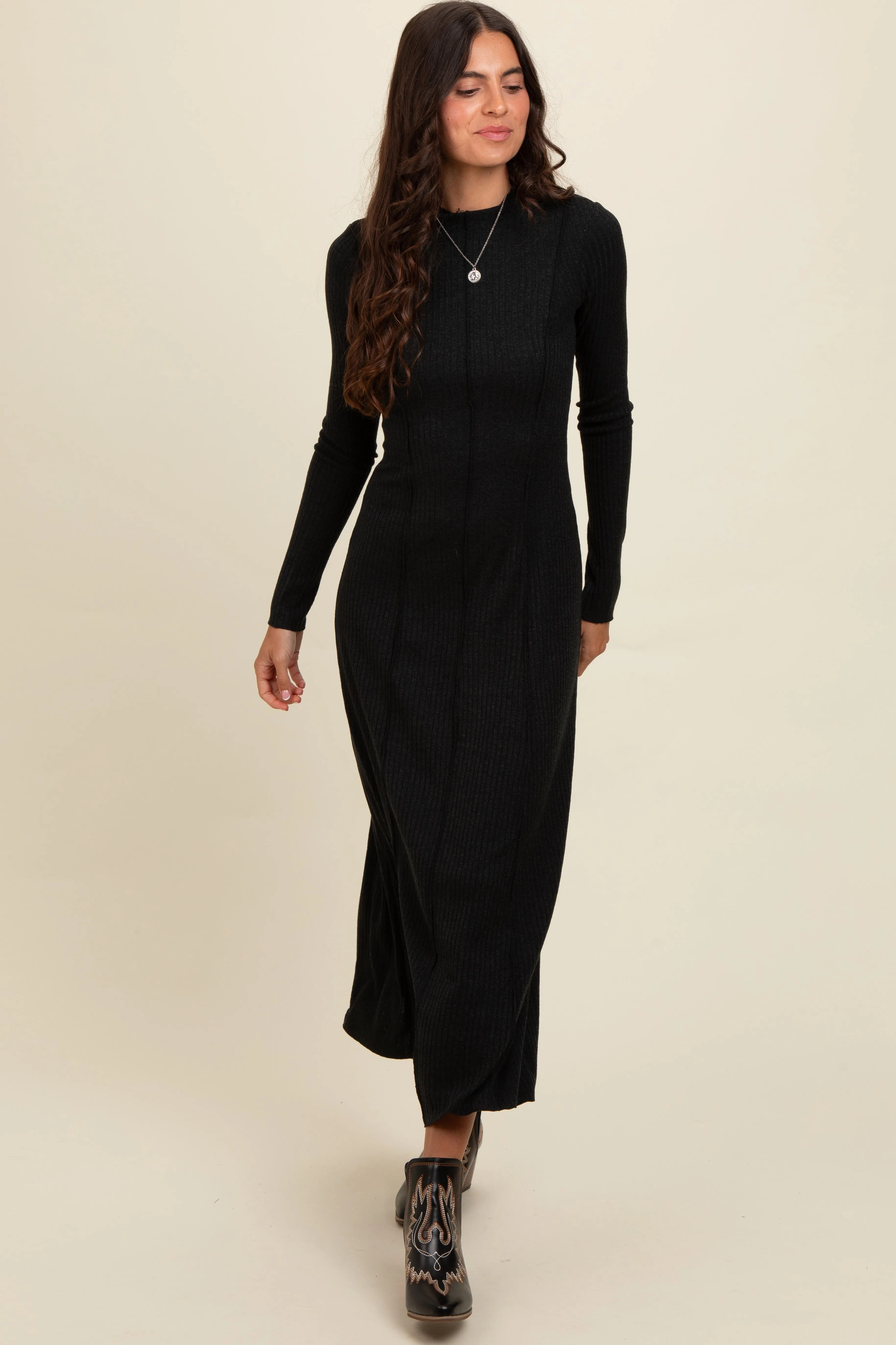 Black Ribbed Exposed Seam Mock Neck Dress sold by Pinkblush