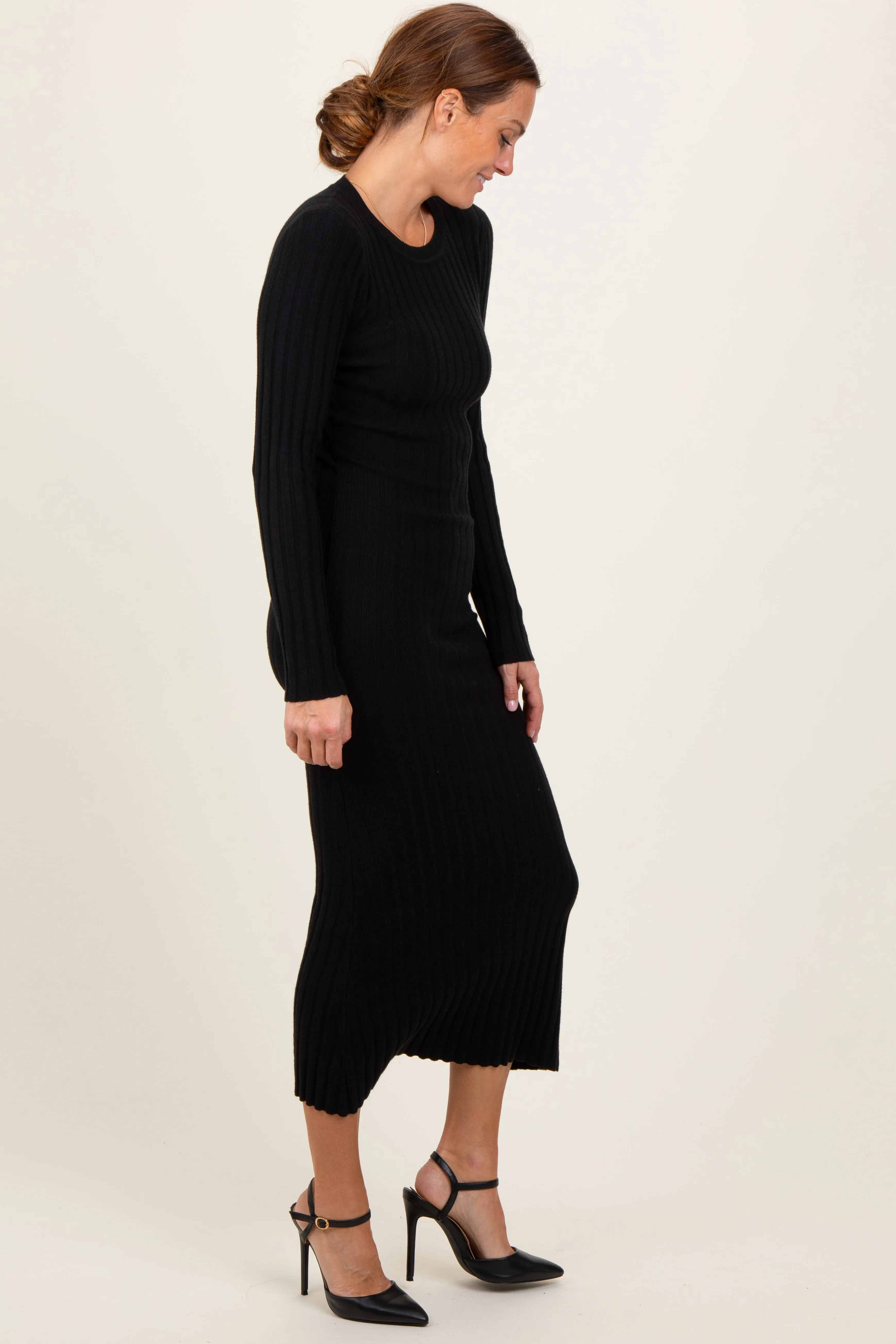 Black Ribbed Knit Fitted Midi Sweater Dress sold by Pinkblush product image thumbnail 3