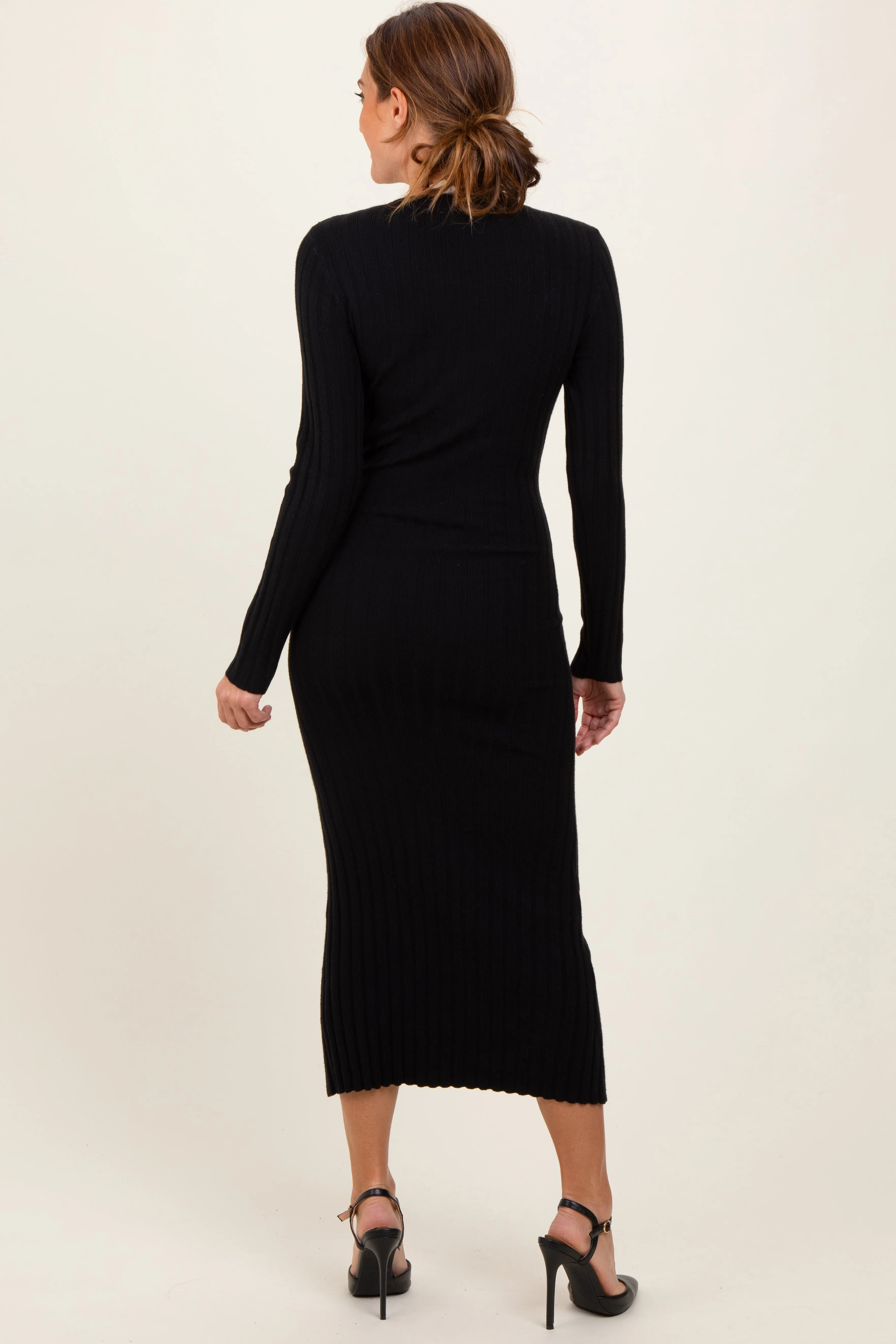 Black Ribbed Knit Fitted Midi Sweater Dress sold by Pinkblush product image thumbnail 4