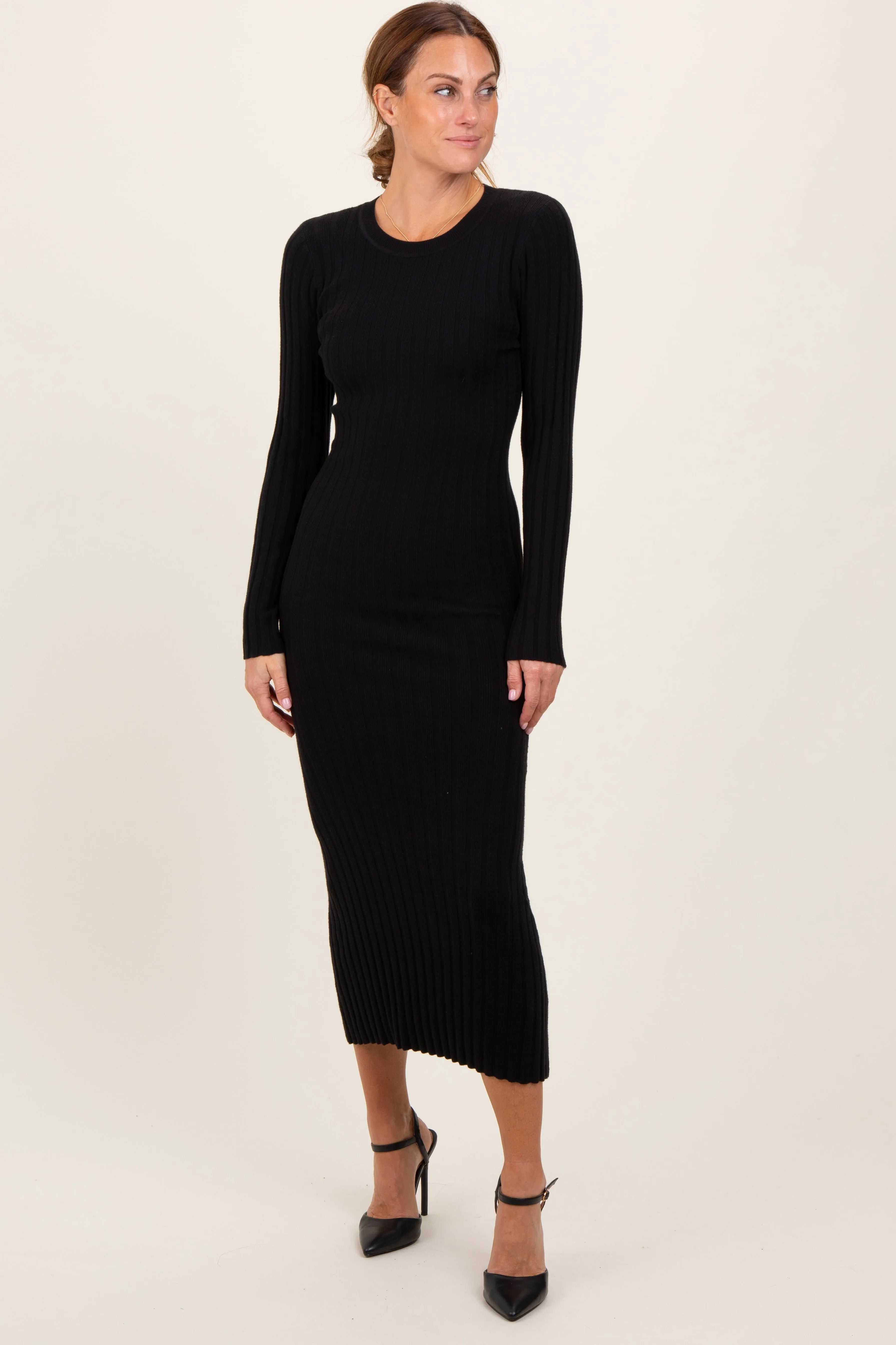 Black Ribbed Knit Fitted Midi Sweater Dress sold by Pinkblush