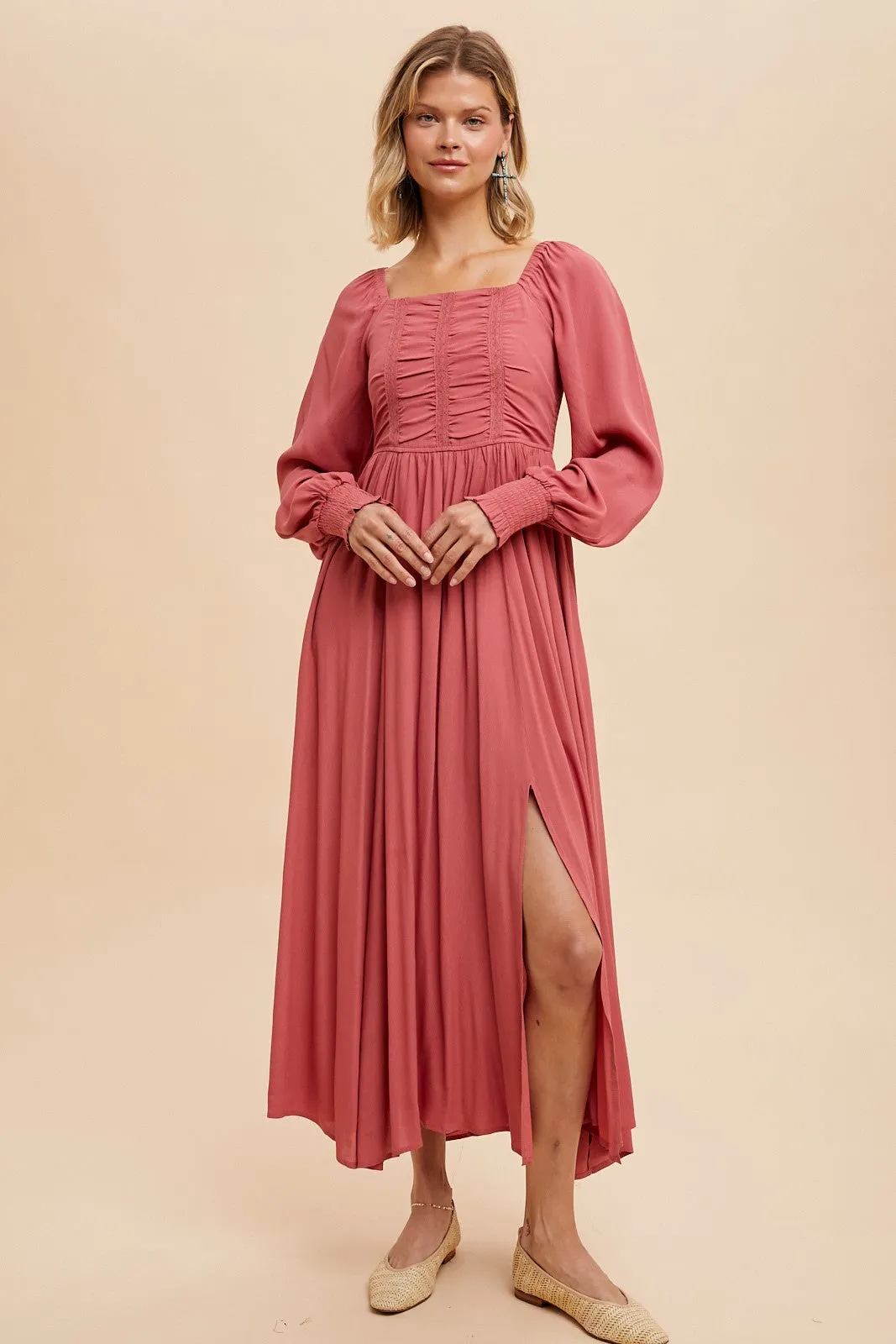Desert Rose Ruched Bodice Square Neck Maxi Dress sold by Pinkblush
