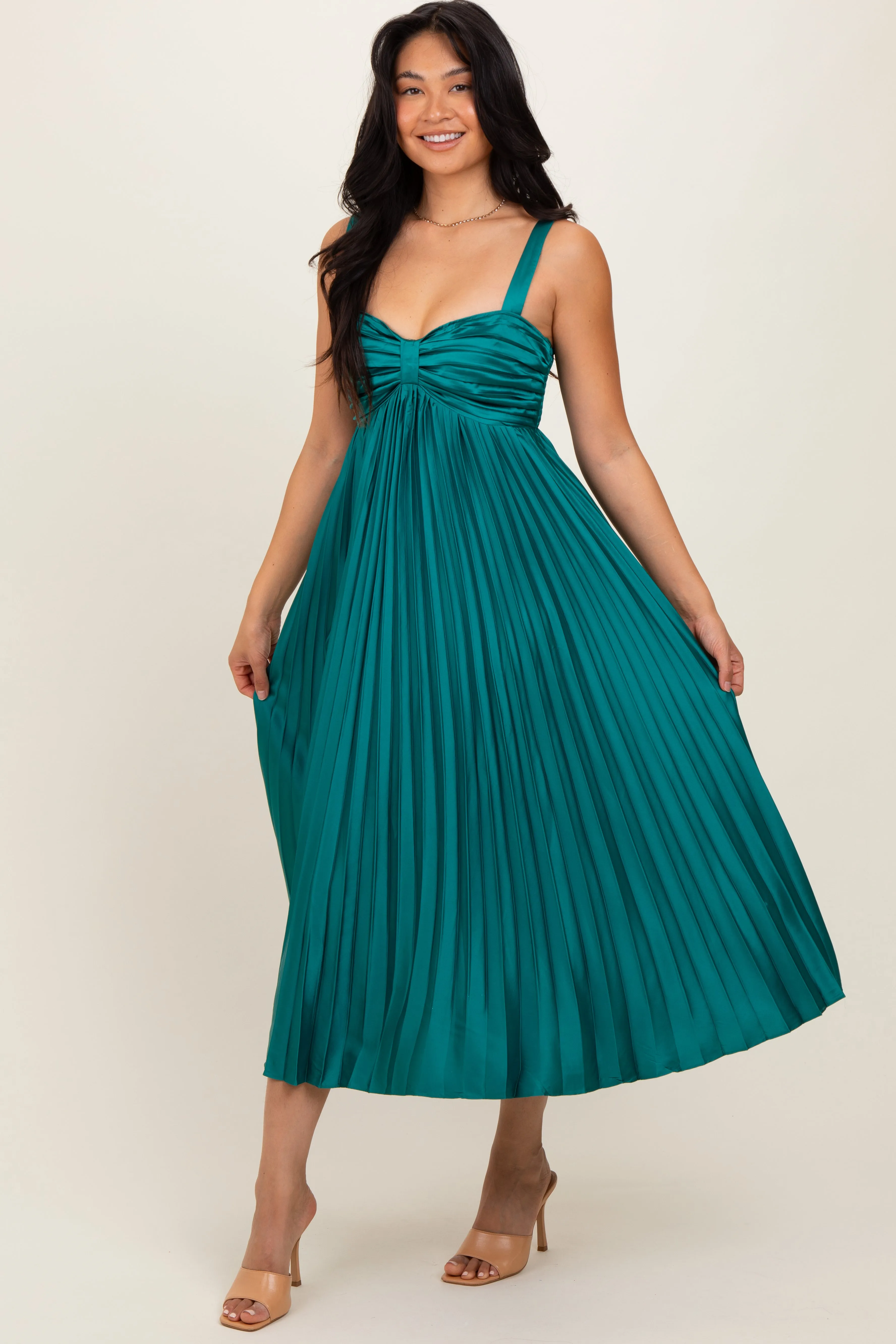 Teal Satin Pleated Sweetheart Midi Dress sold by Pinkblush