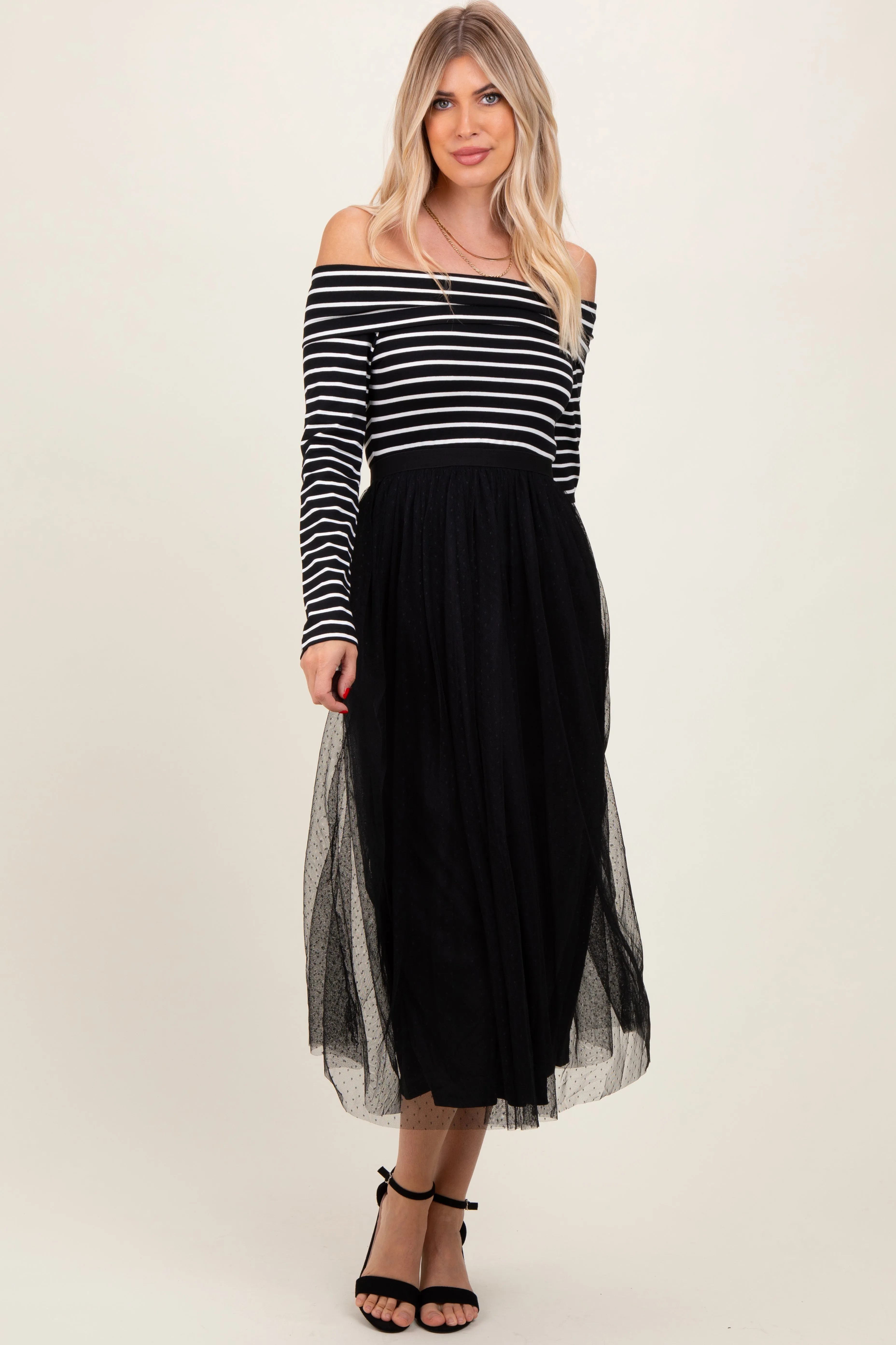 Black Striped Off Should Contrast Knit Mesh Maxi Dress sold by Pinkblush product image thumbnail 4