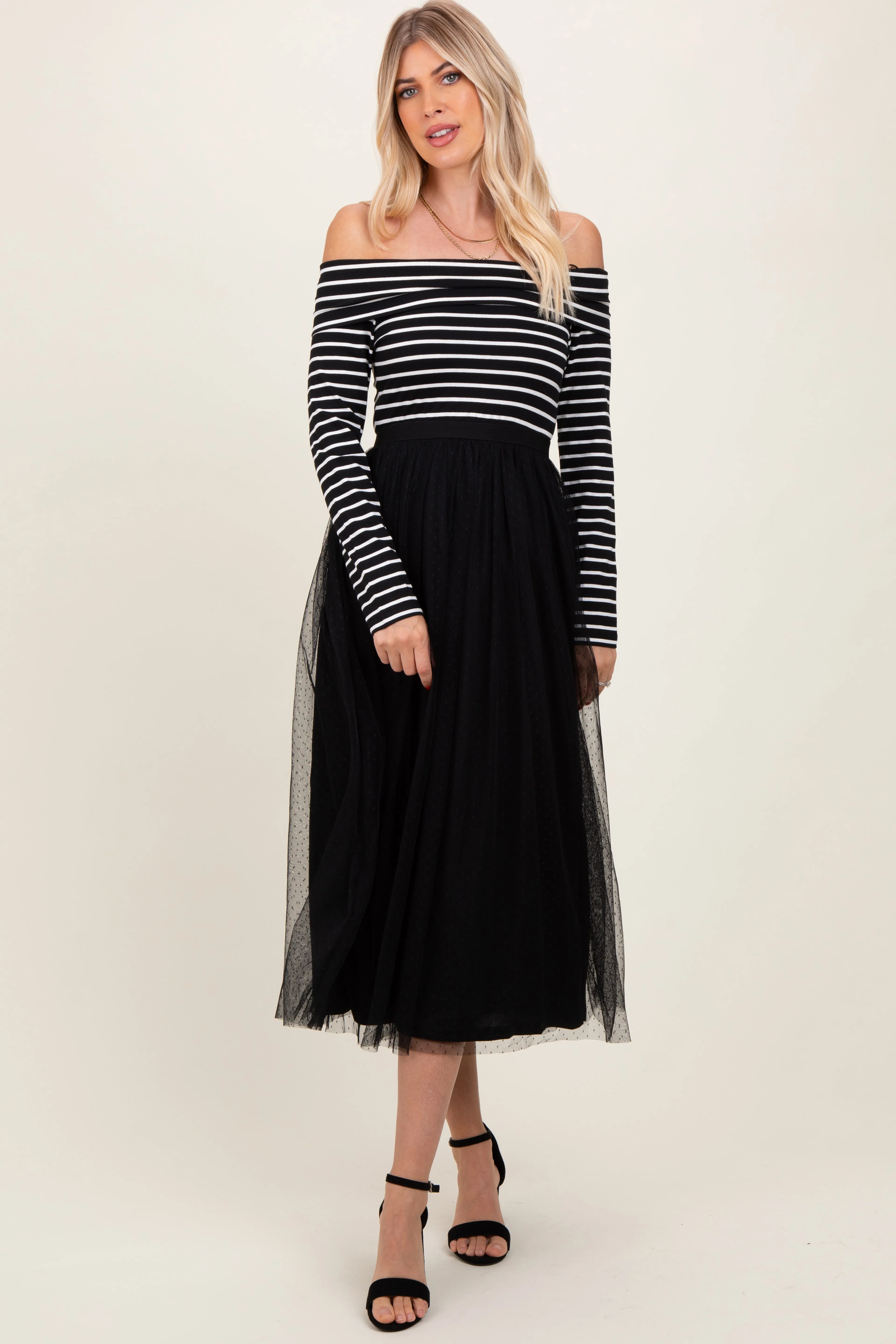Black Striped Off Should Contrast Knit Mesh Maxi Dress sold by Pinkblush
