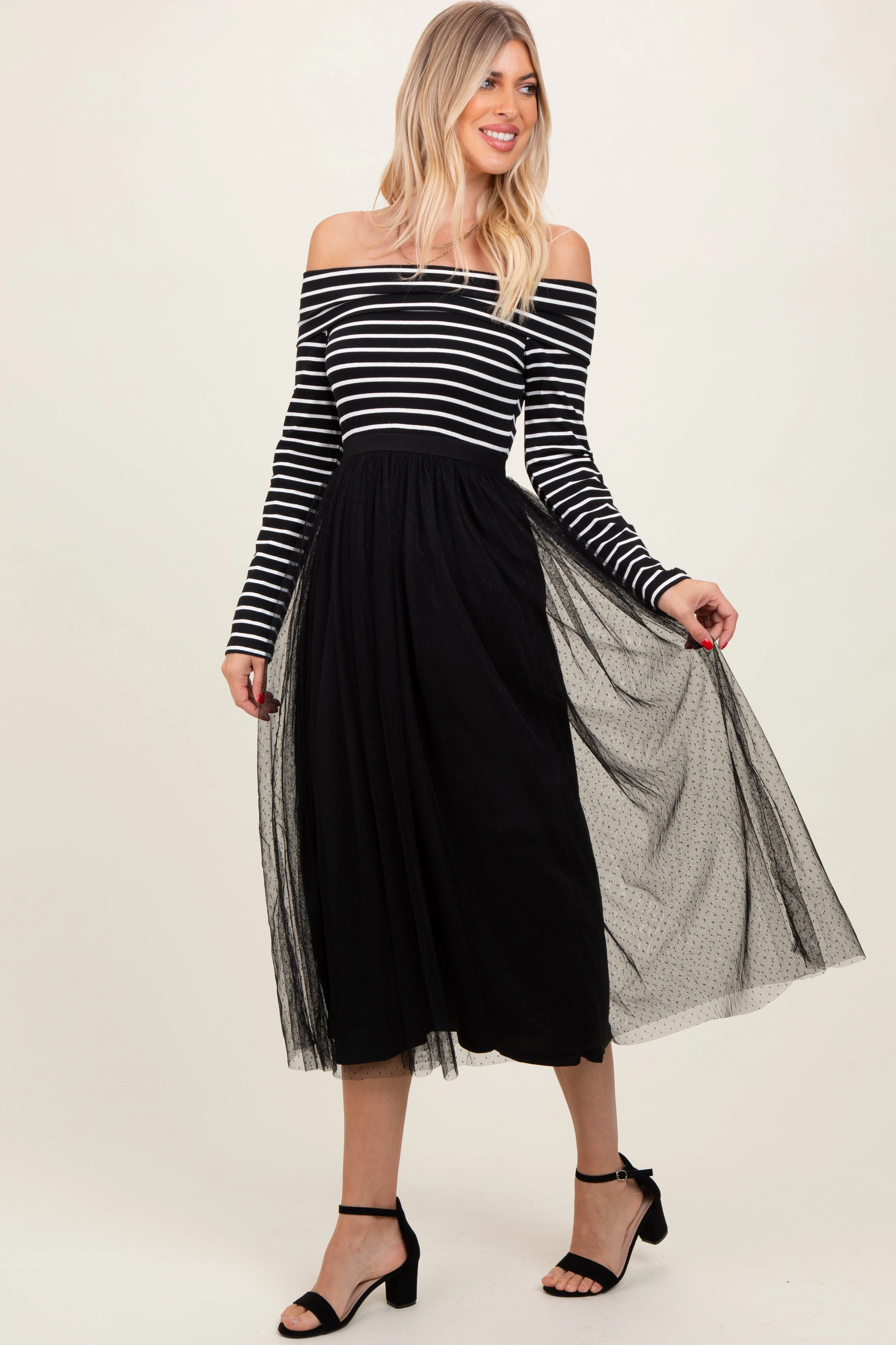 Black Striped Off Should Contrast Knit Mesh Maxi Dress sold by Pinkblush product image thumbnail 2