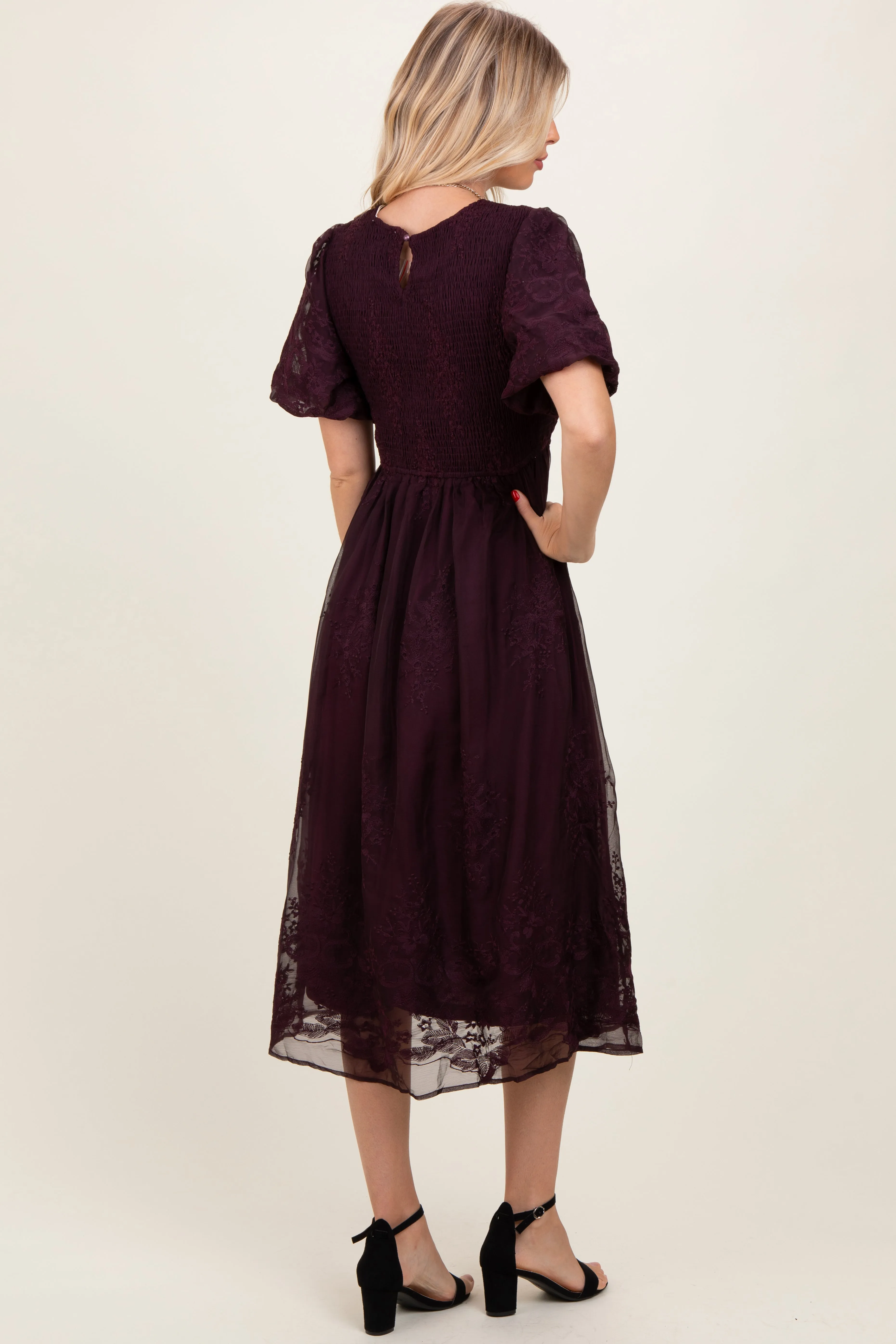 Plum Floral Lace Smocked Midi Dress sold by Pinkblush product image thumbnail 3