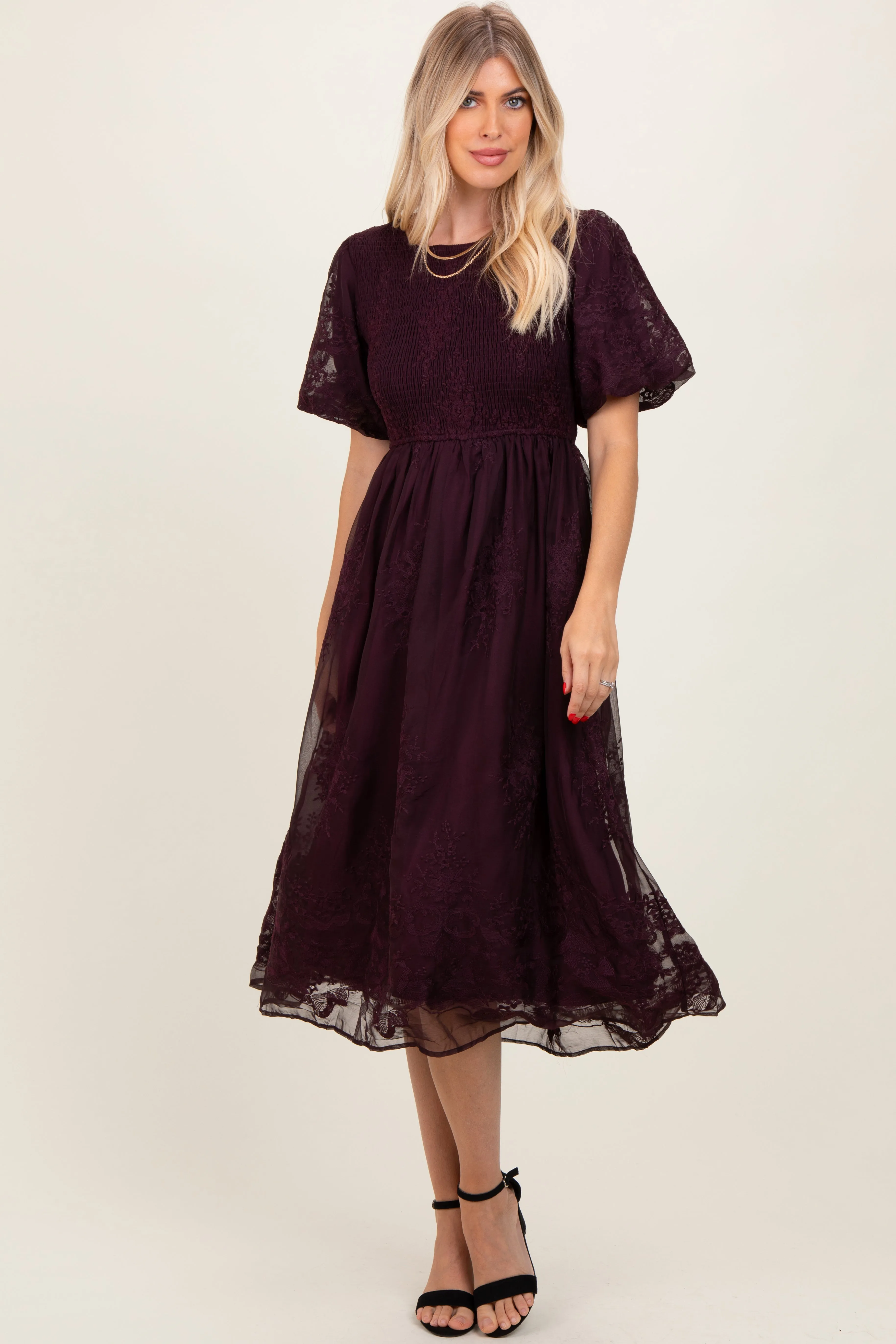Plum Floral Lace Smocked Midi Dress sold by Pinkblush