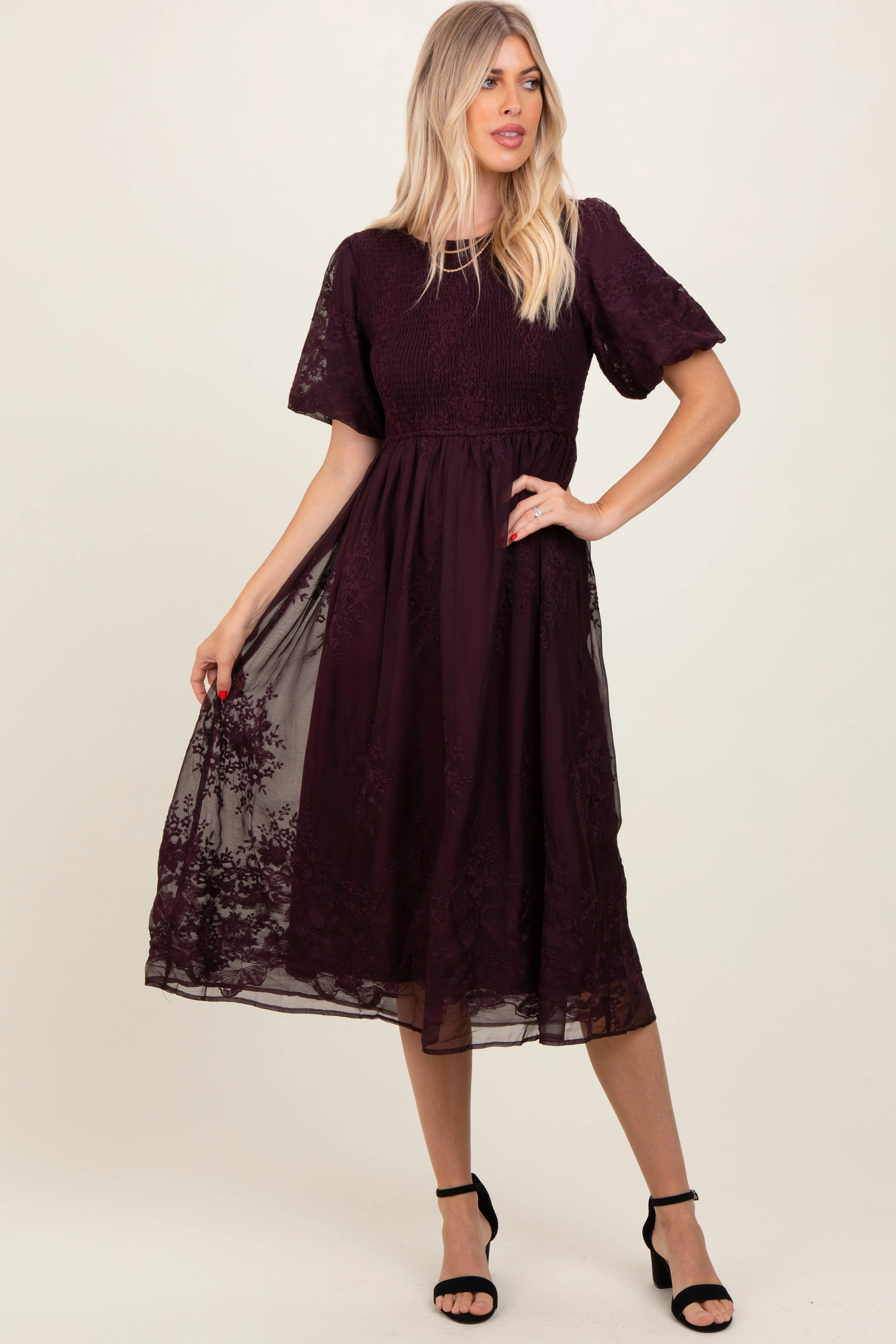 Plum Floral Lace Smocked Midi Dress sold by Pinkblush product image thumbnail 4