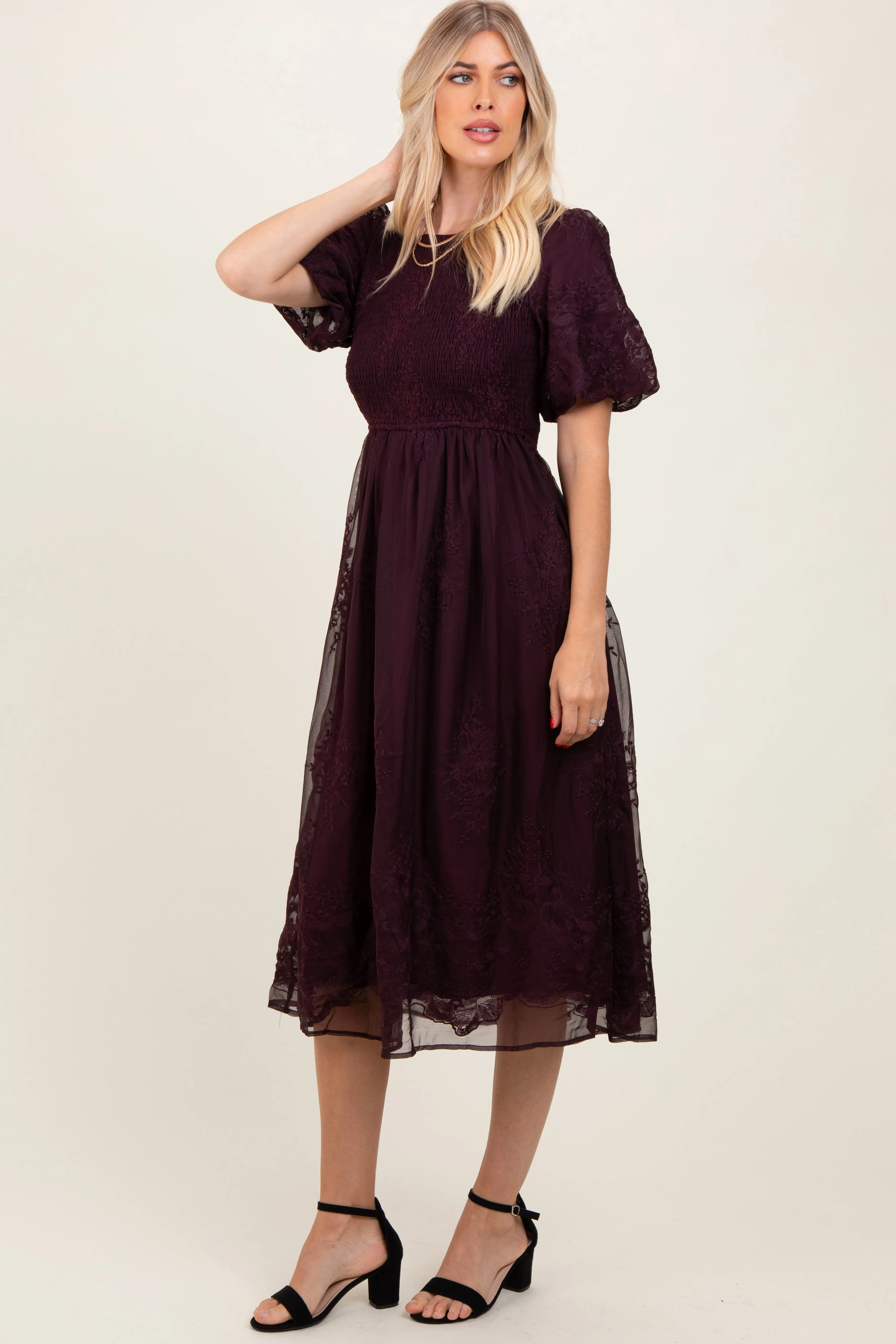 Plum Floral Lace Smocked Midi Dress sold by Pinkblush product image thumbnail 2