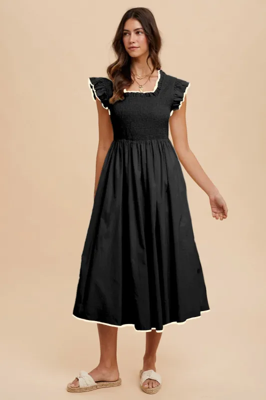 Black Ivory Contrast Binding Detail Smocking Midi Dress sold by Pinkblush