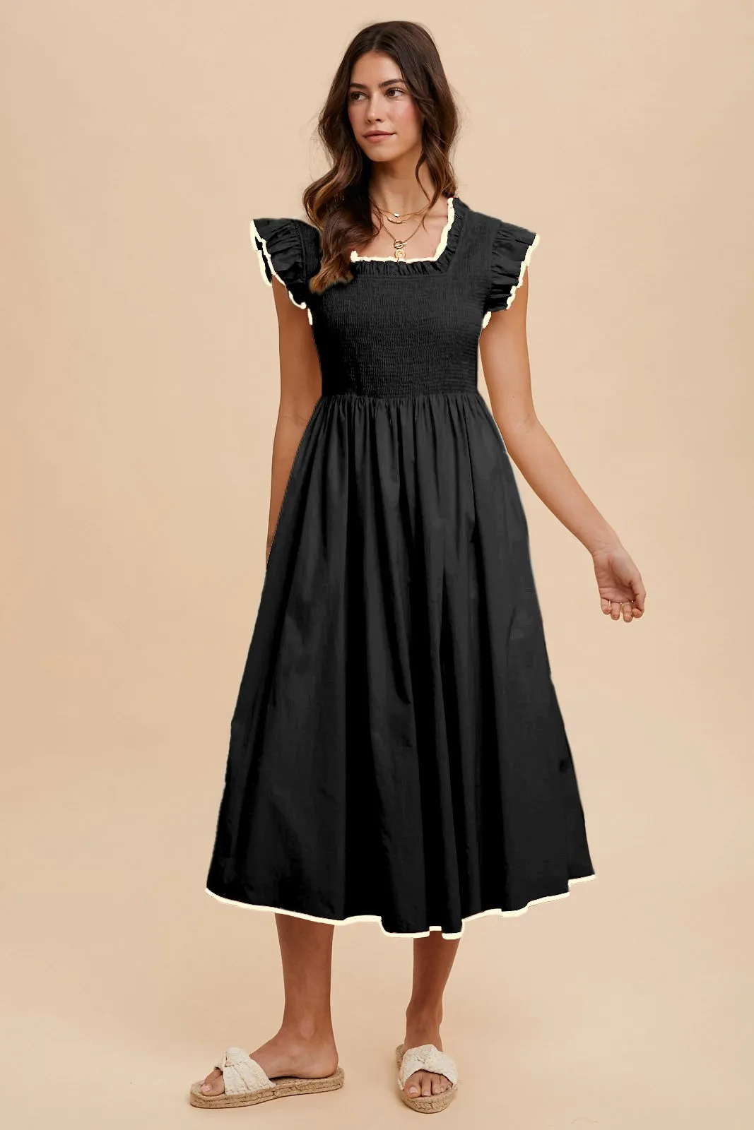 Black Ivory Contrast Binding Detail Smocking Midi Dress sold by Pinkblush