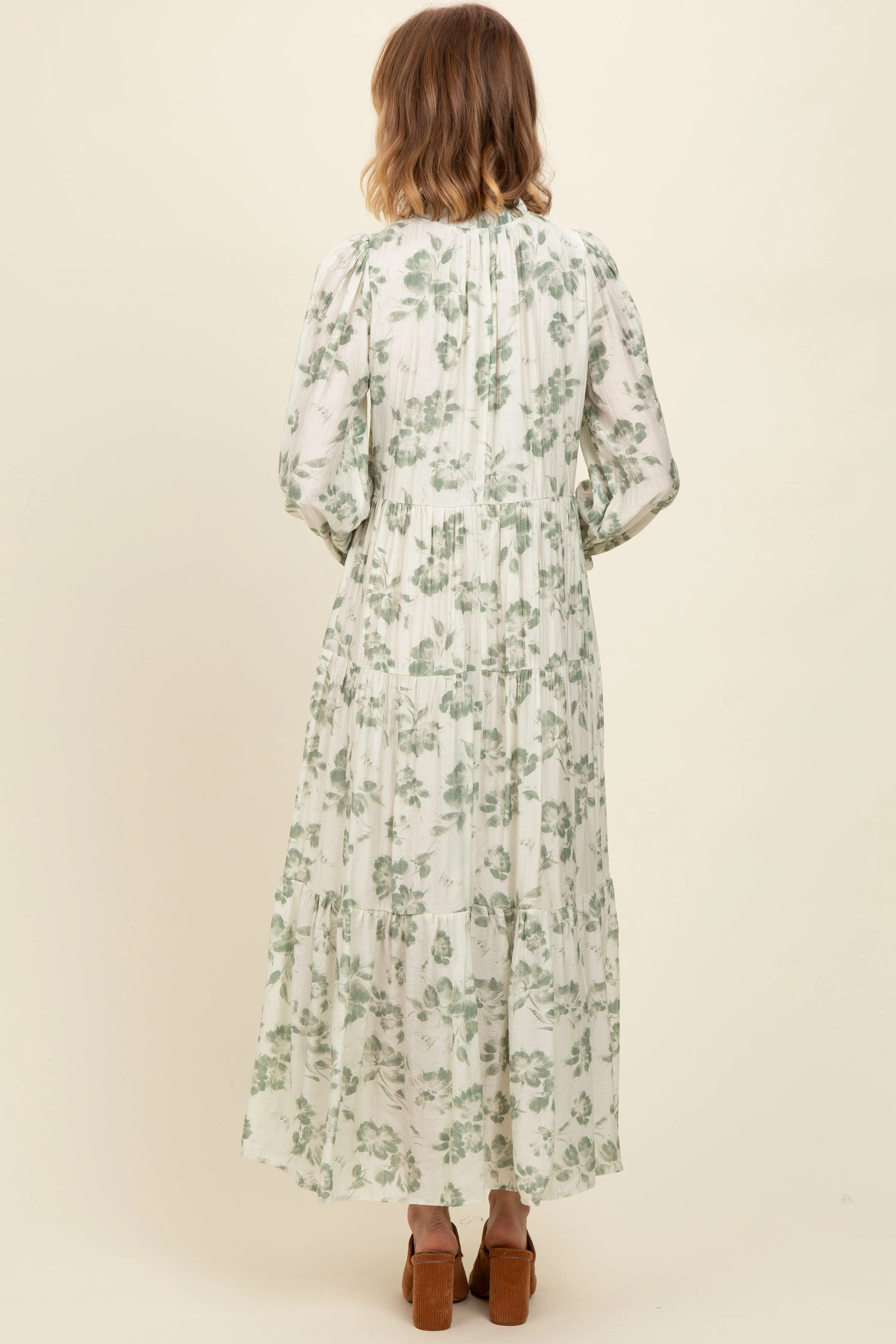 Olive Floral Button Front Tiered Long Sleeve Maxi Dress sold by Pinkblush product image thumbnail 4