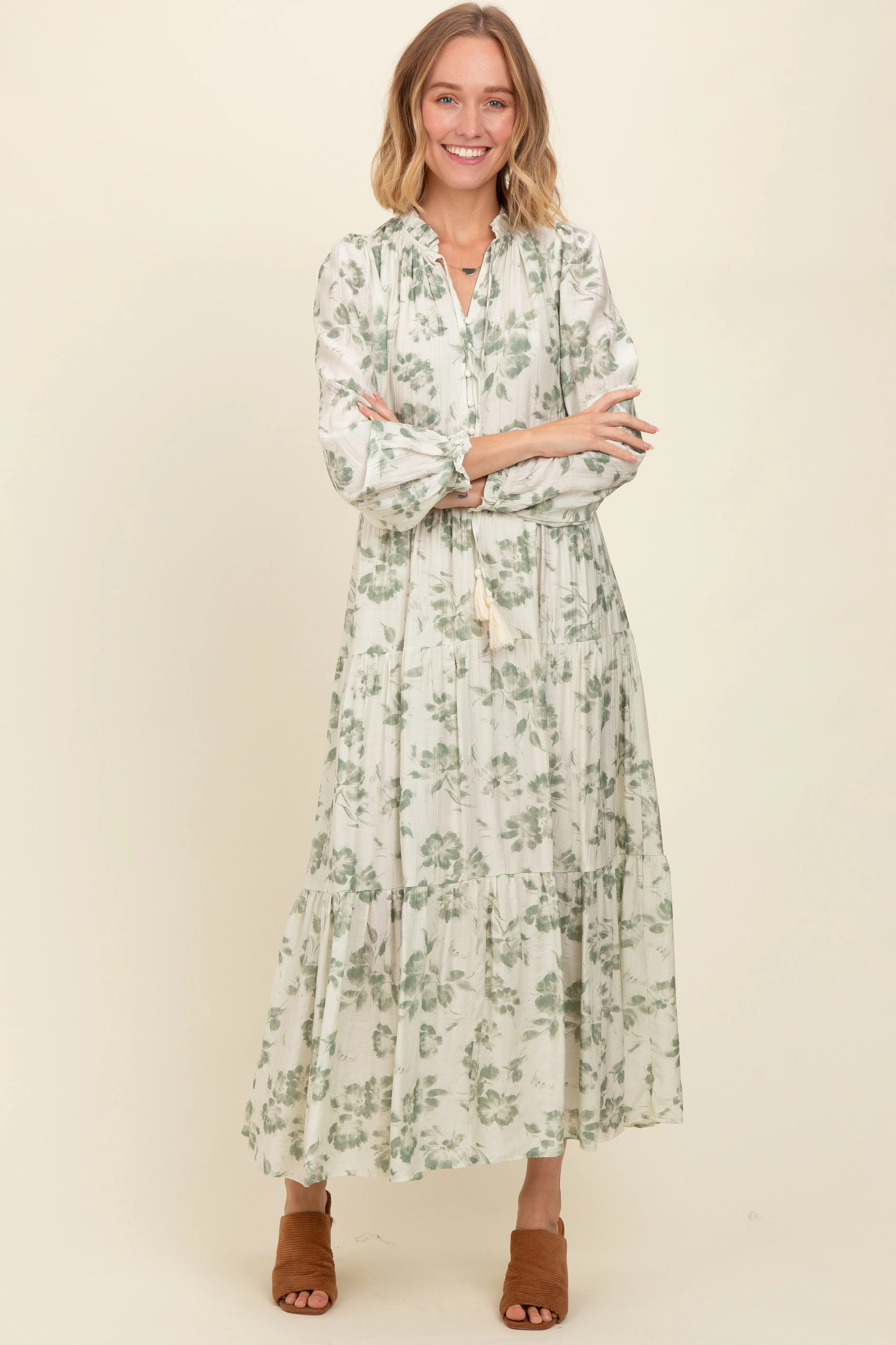 Olive Floral Button Front Tiered Long Sleeve Maxi Dress sold by Pinkblush