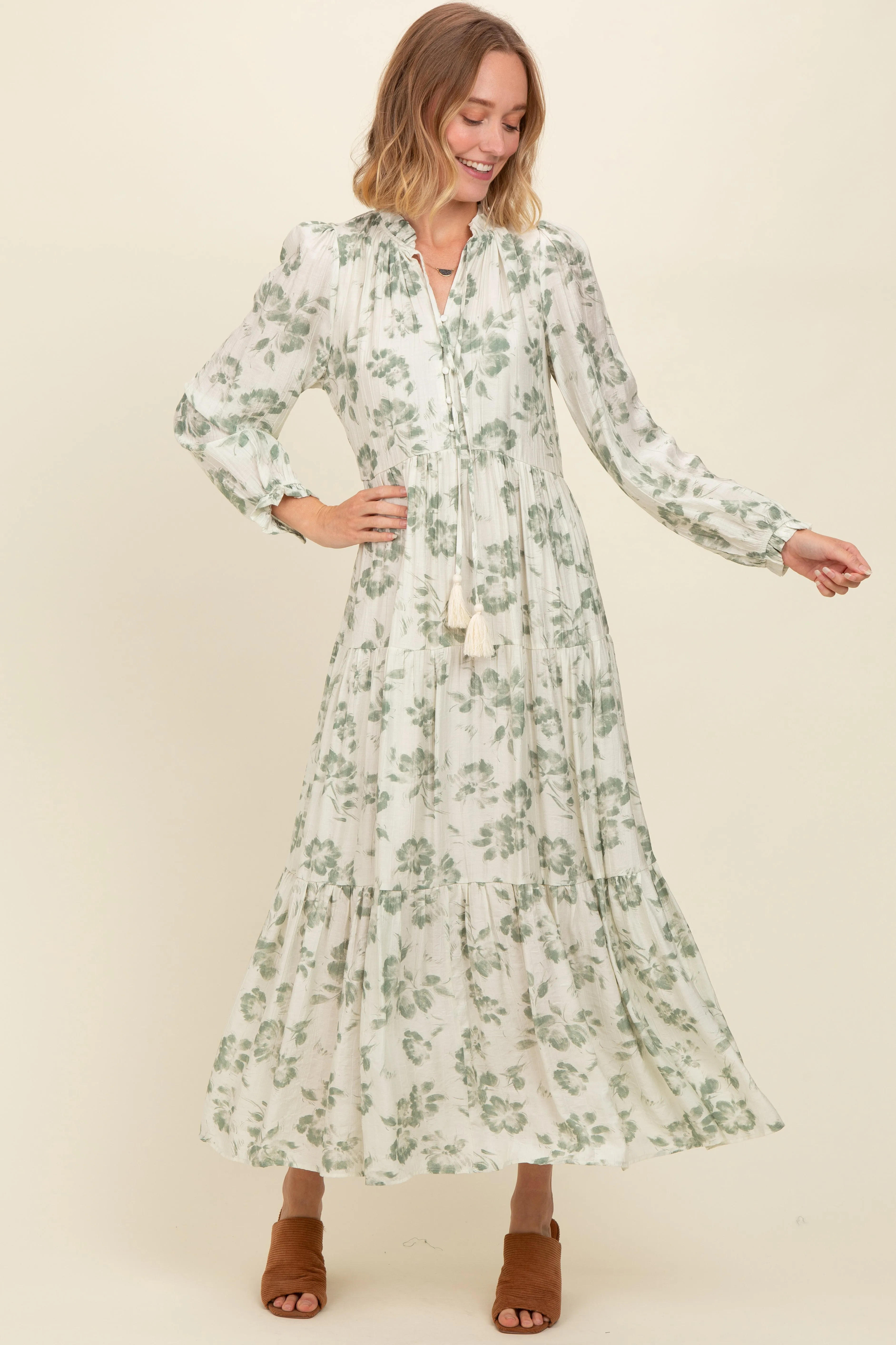 Olive Floral Button Front Tiered Long Sleeve Maxi Dress sold by Pinkblush product image thumbnail 2