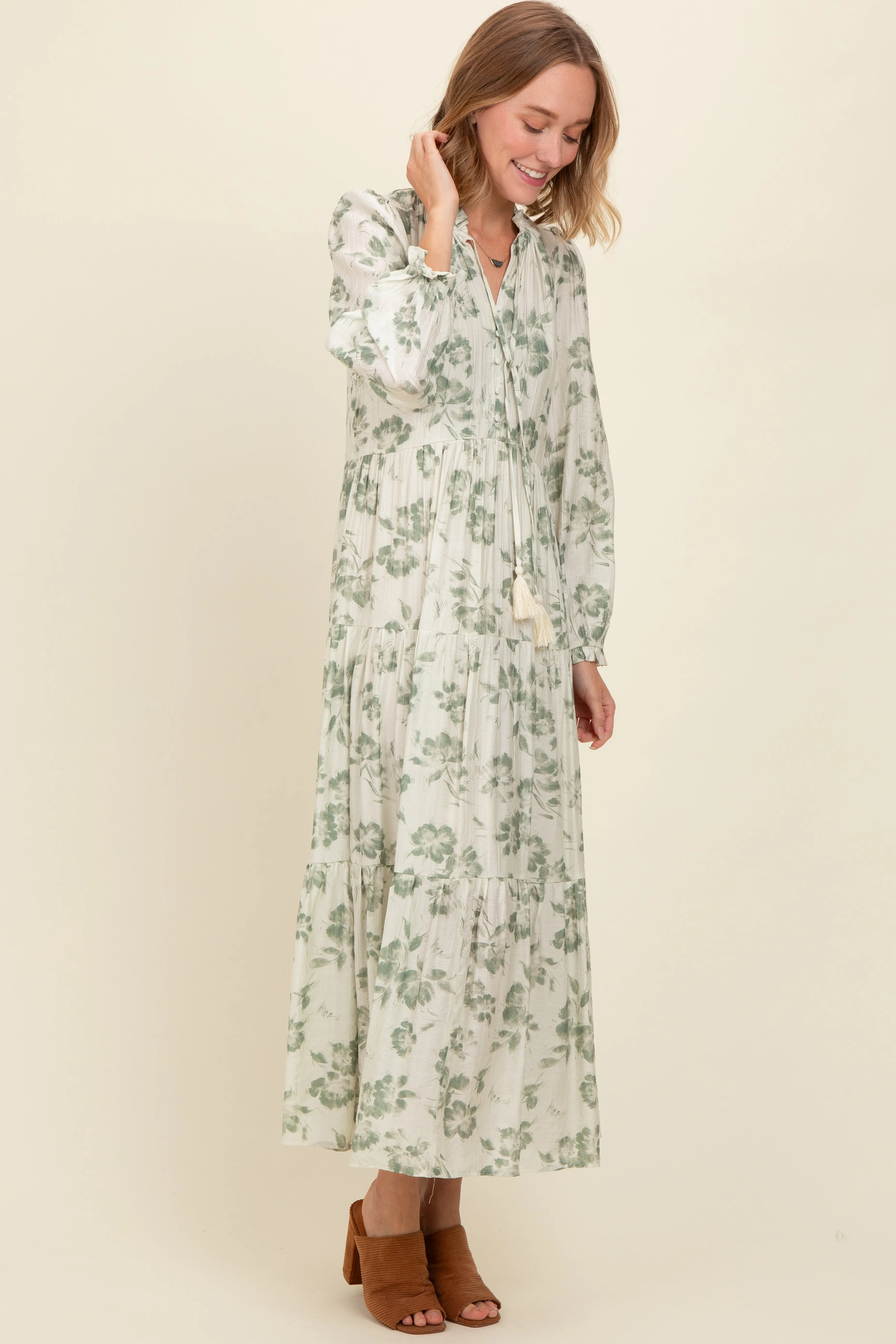 Olive Floral Button Front Tiered Long Sleeve Maxi Dress sold by Pinkblush product image thumbnail 3