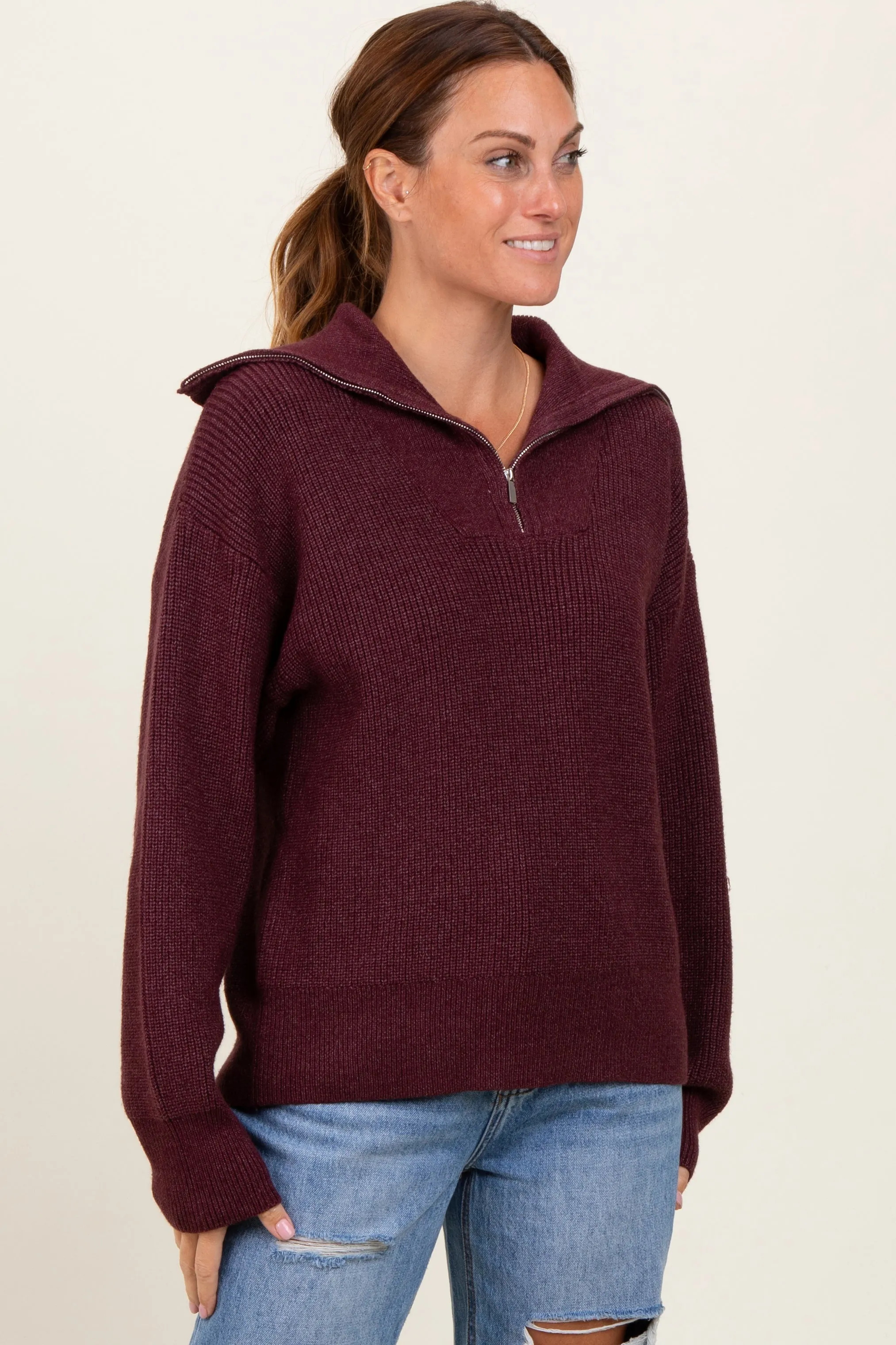 Burgundy Half Zip Chunky Knit Pullover Sweater sold by Pinkblush