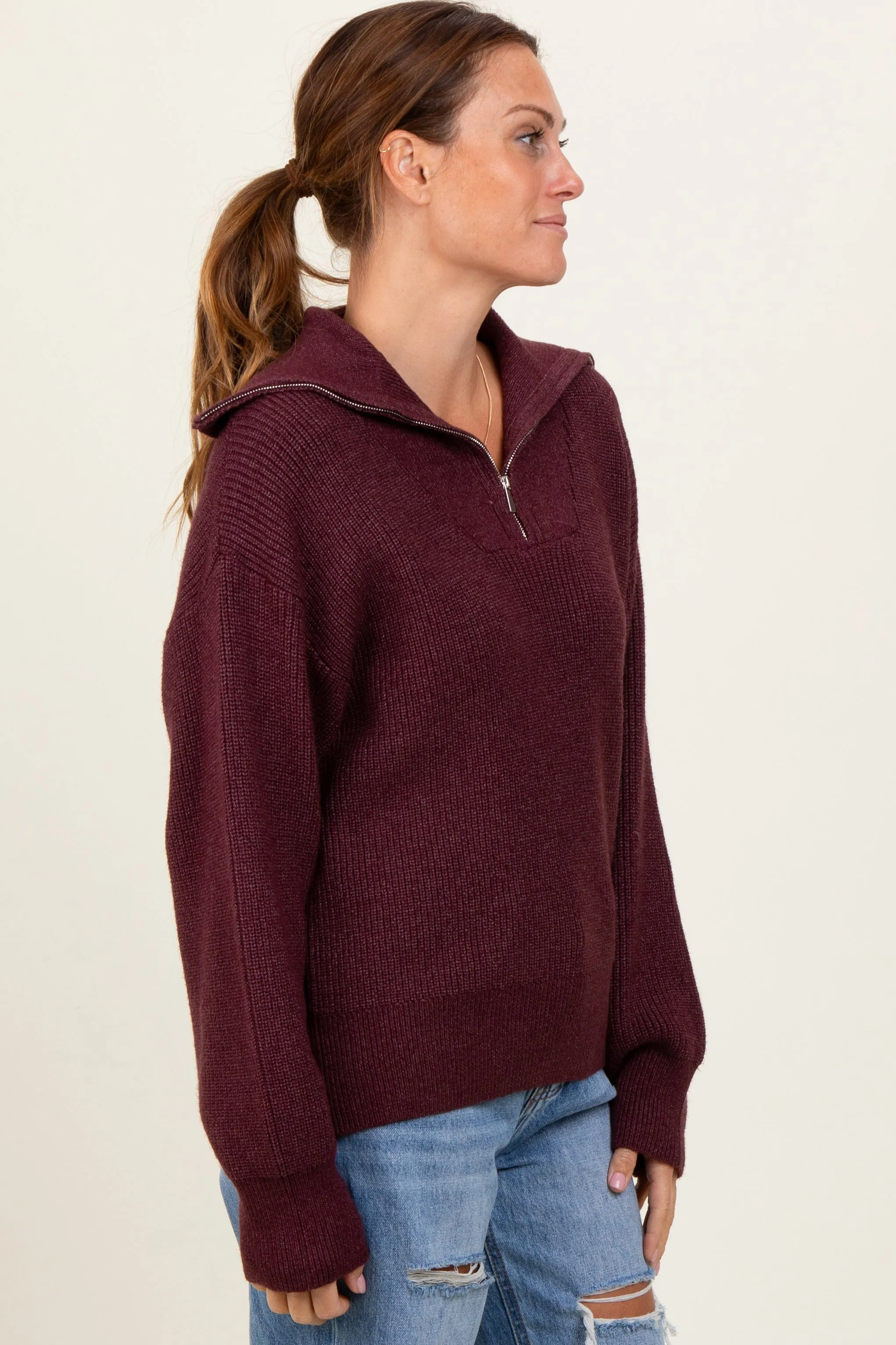 Burgundy Half Zip Chunky Knit Pullover Sweater sold by Pinkblush product image thumbnail 2