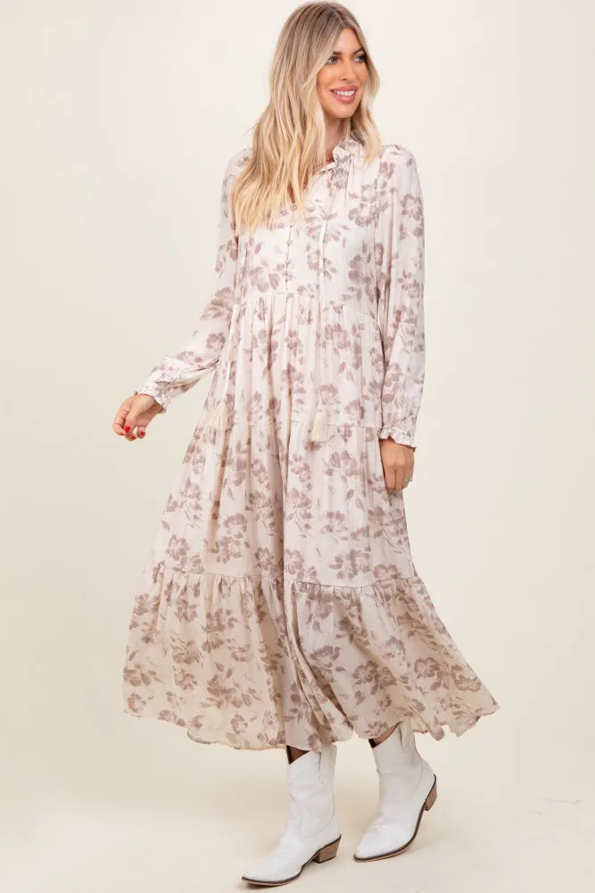 Mocha Floral Button Front Tiered Long Sleeve Maxi Dress sold by Pinkblush product image thumbnail 3