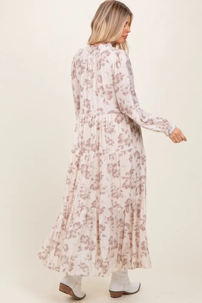 Mocha Floral Button Front Tiered Long Sleeve Maxi Dress sold by Pinkblush product image thumbnail 4
