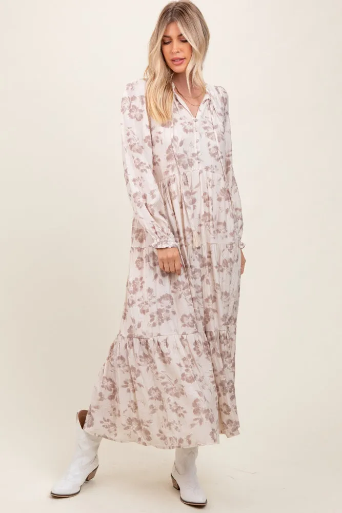 Mocha Floral Button Front Tiered Long Sleeve Maxi Dress sold by Pinkblush