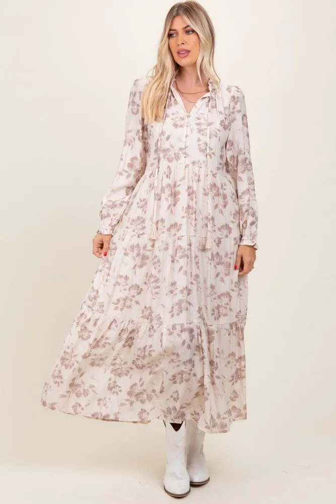 Mocha Floral Button Front Tiered Long Sleeve Maxi Dress sold by Pinkblush product image thumbnail 2
