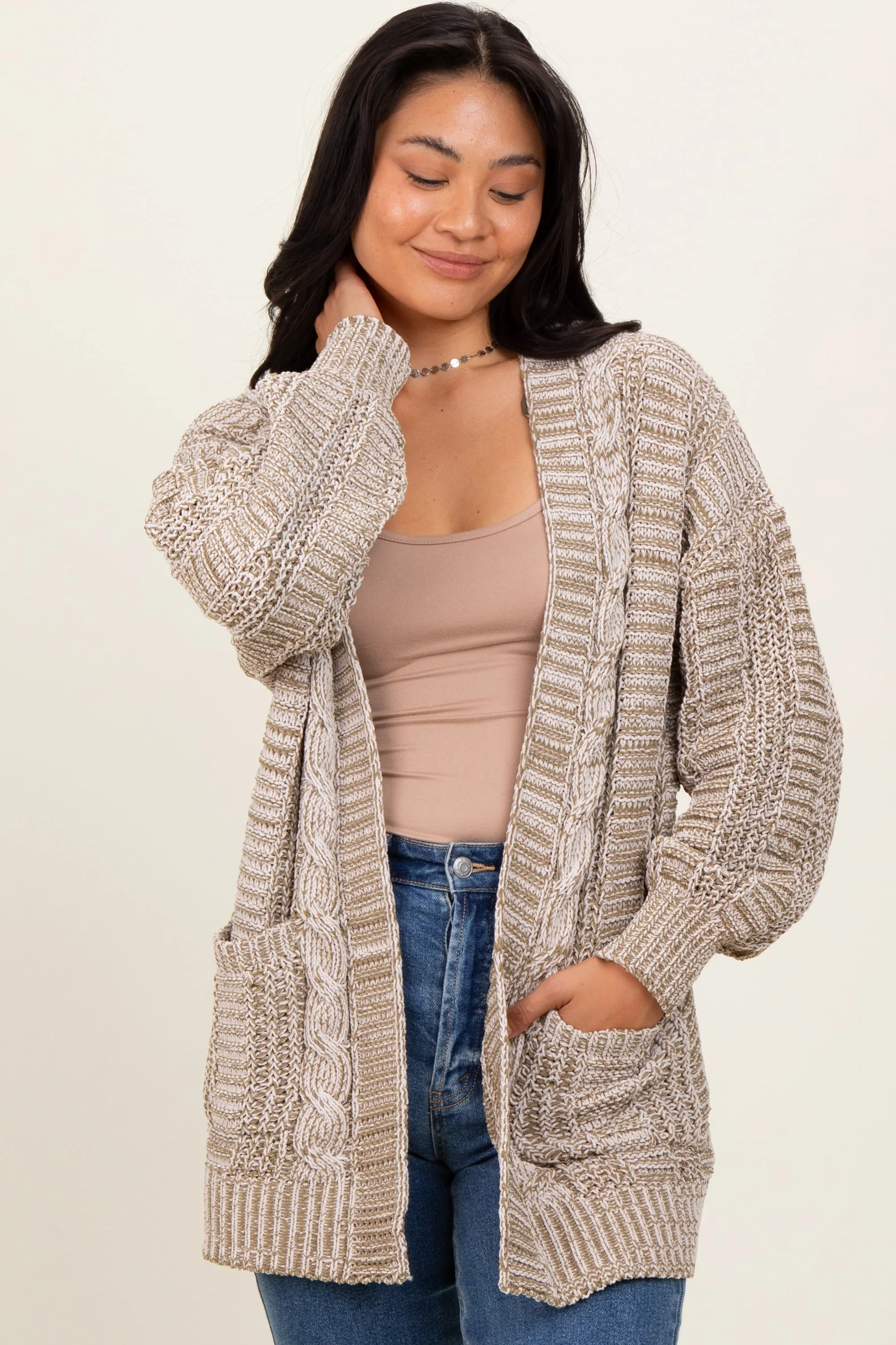 Olive Two Toned Oversized Cable Knit Cardigan sold by Pinkblush